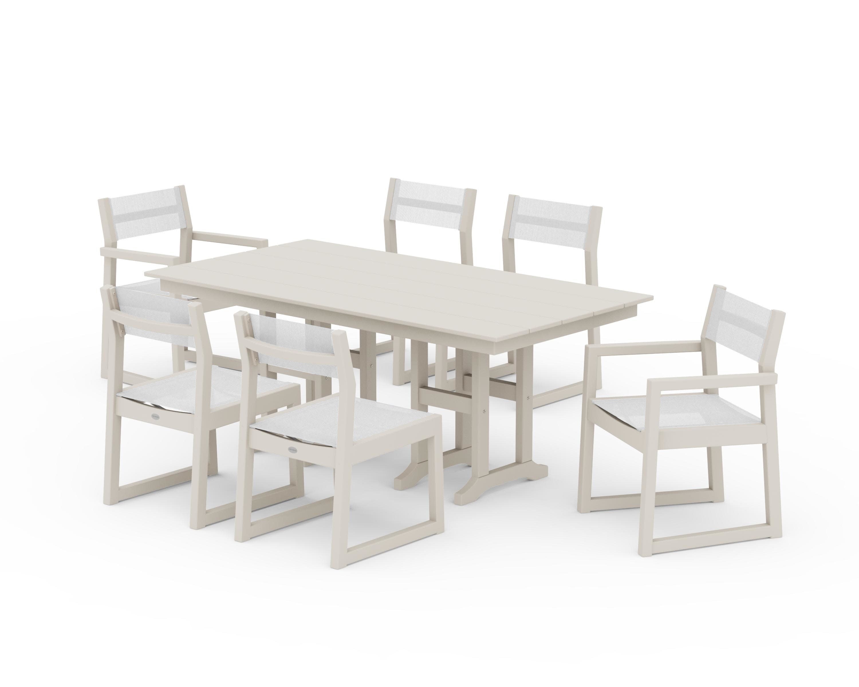 EDGE Sling 7-Piece Farmhouse Dining Set in Sand / White Sling