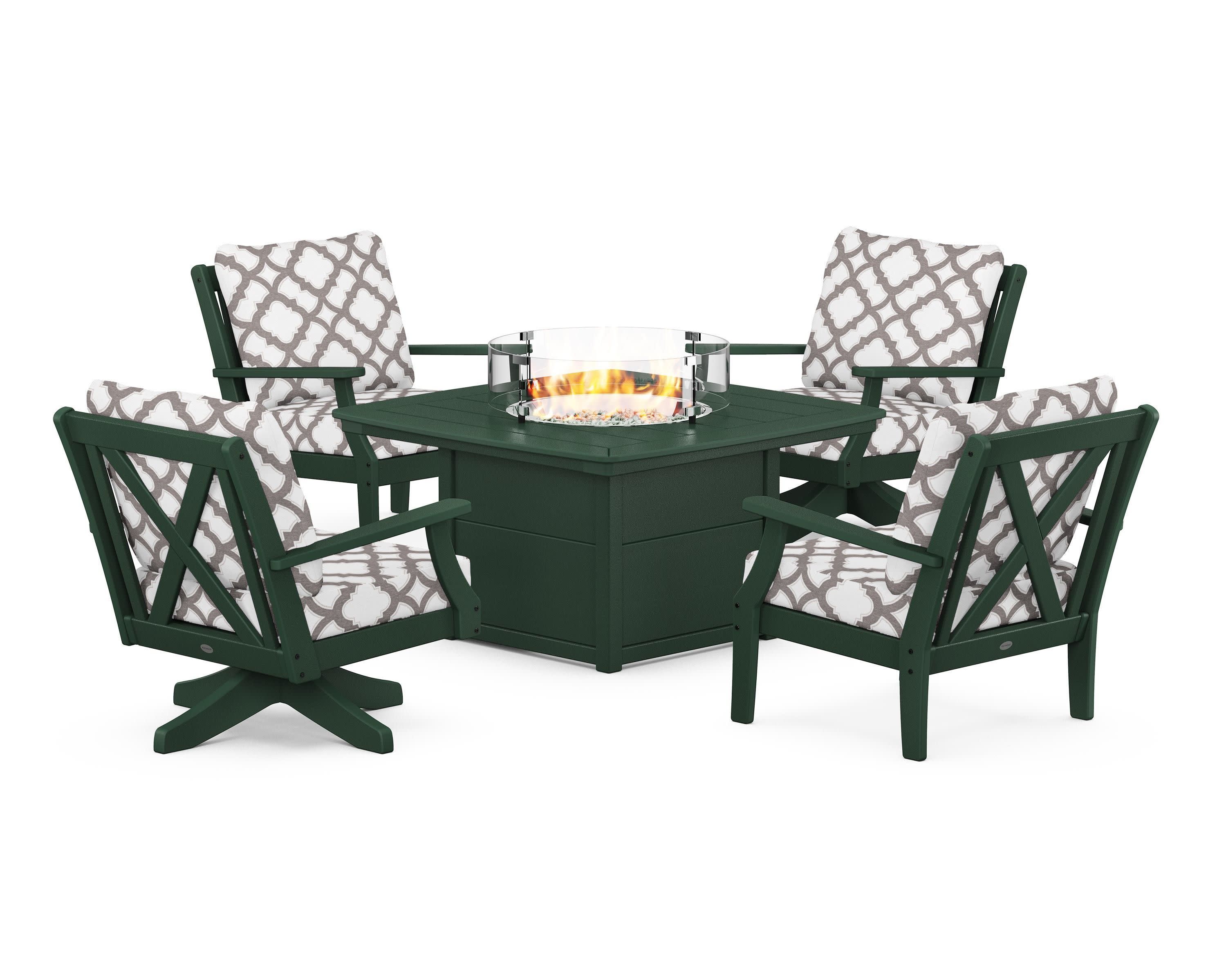 Braxton 5-Piece Deep Seating Set with Fire Table in Green / Trellis Grey Mist