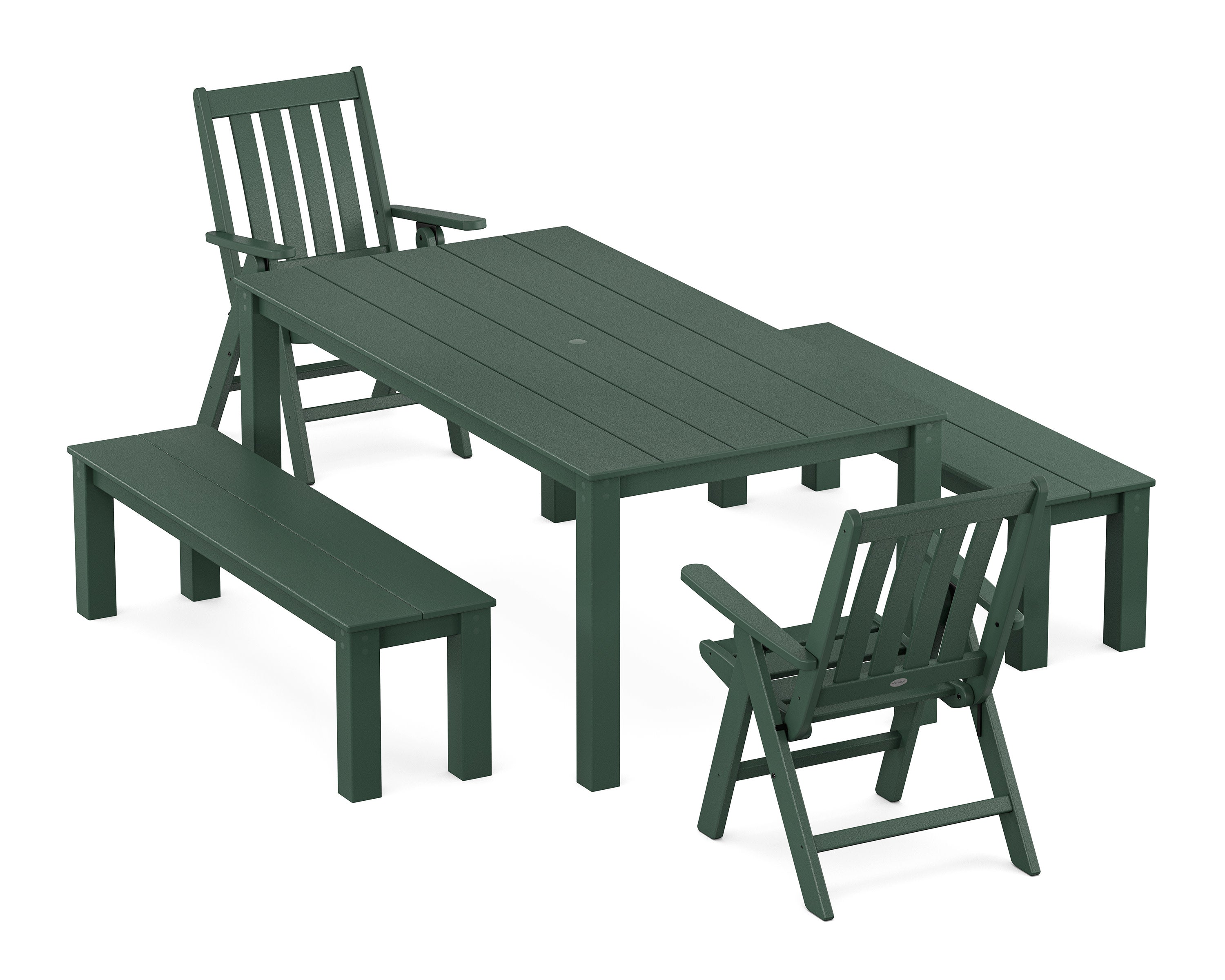 Vineyard Folding Chair 5-Piece Parsons Dining Set with Benches in Green