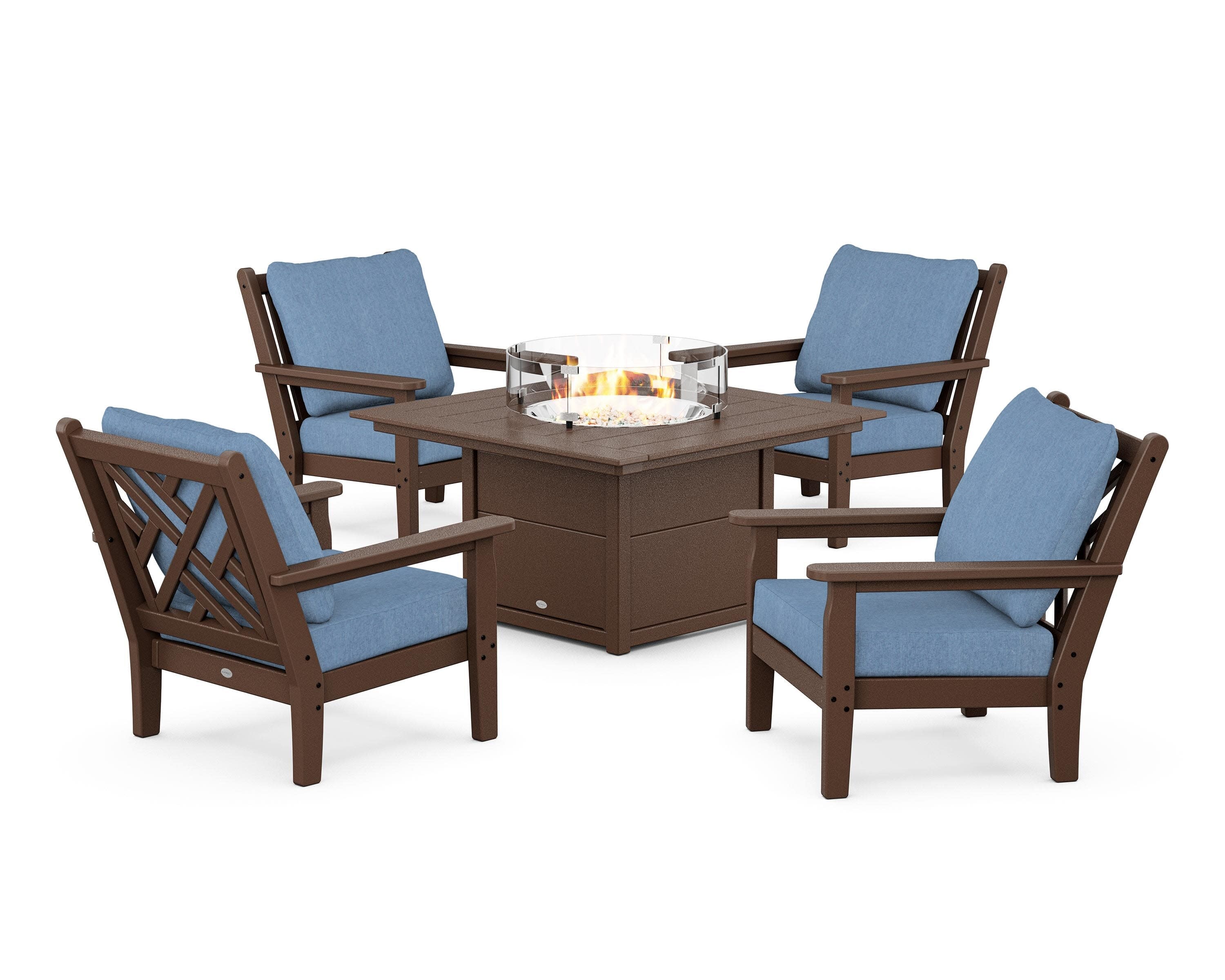 Chippendale 5-Piece Deep Seating Set with Fire Pit Table in Mahogany / Sky Blue