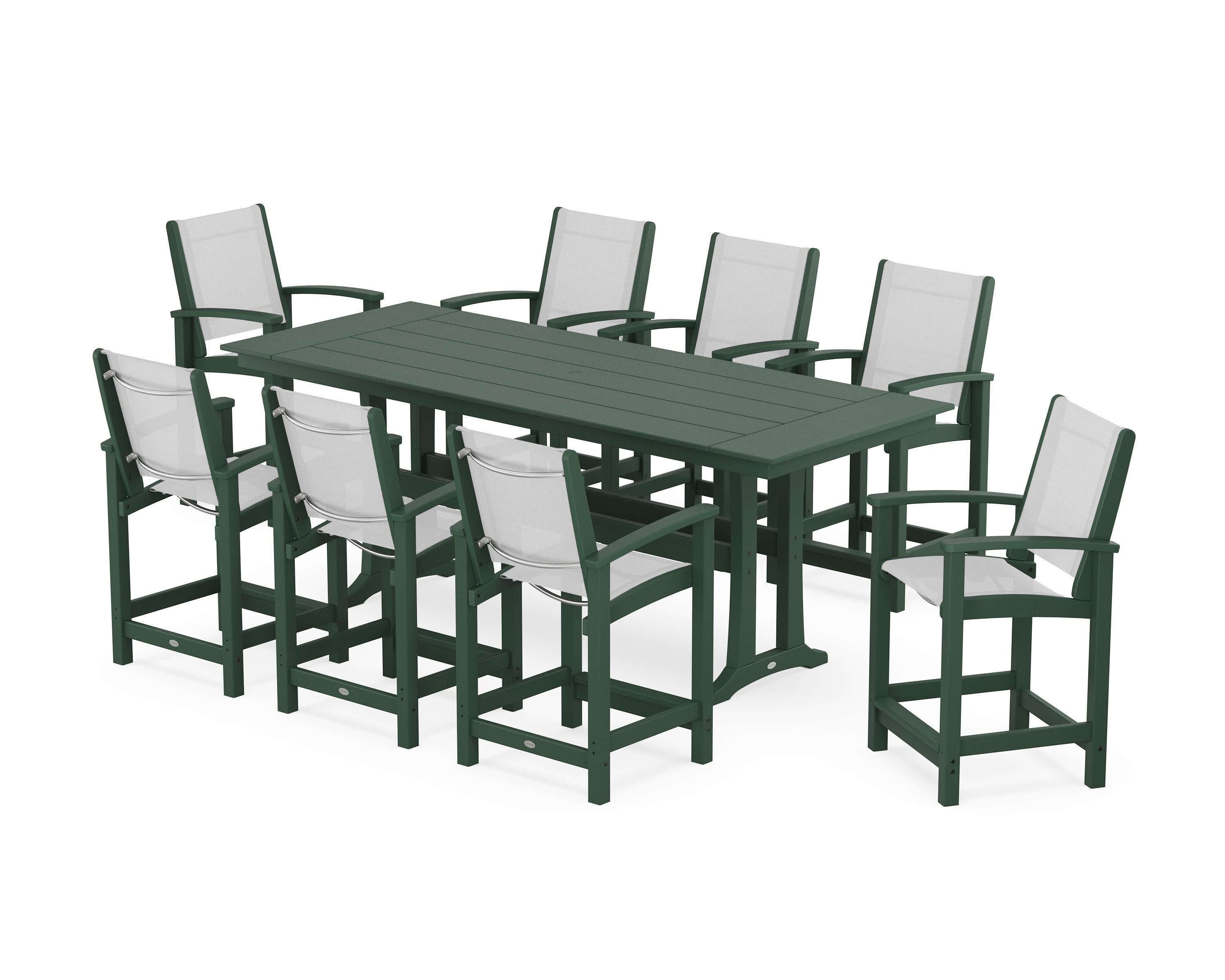 Coastal 9-Piece Farmhouse Counter Set with Trestle Legs in Green / White Sling