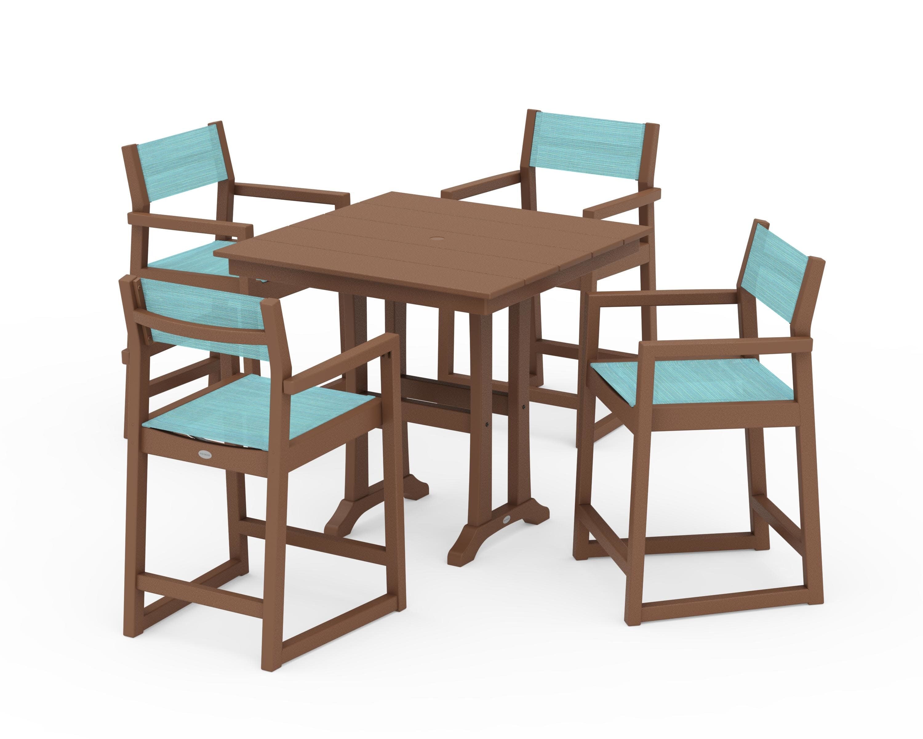 EDGE Sling Arm Chair 5-Piece Farmhouse Counter Set with Trestle Legs in Teak / Dupioni Aquamarine Sling
