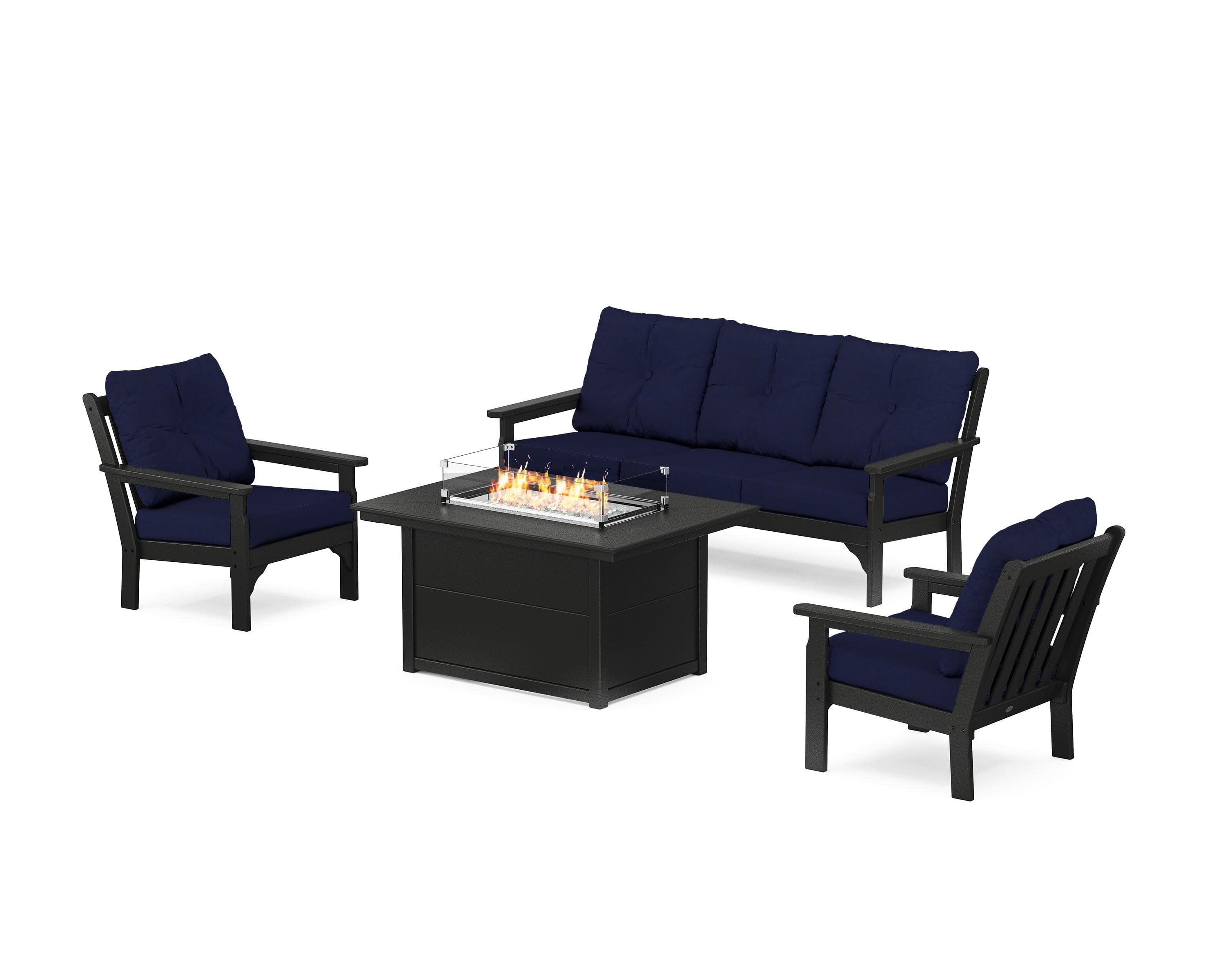 Vineyard Deep Seating Fire Pit Table Set in Black / Navy
