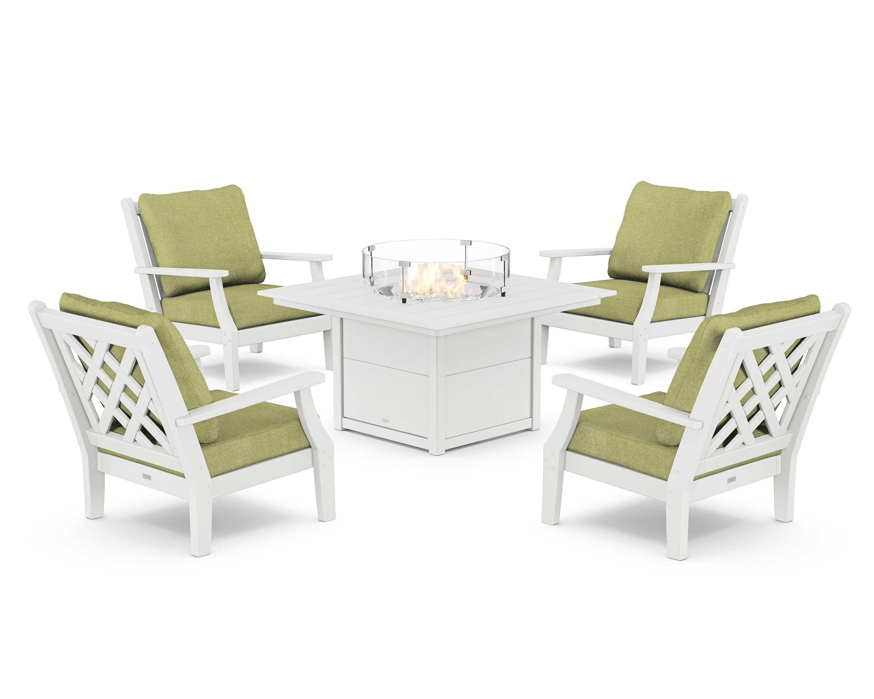 Wovendale 5-Piece Deep Seating Set with Fire Pit Table in White / Chartreuse Boucle