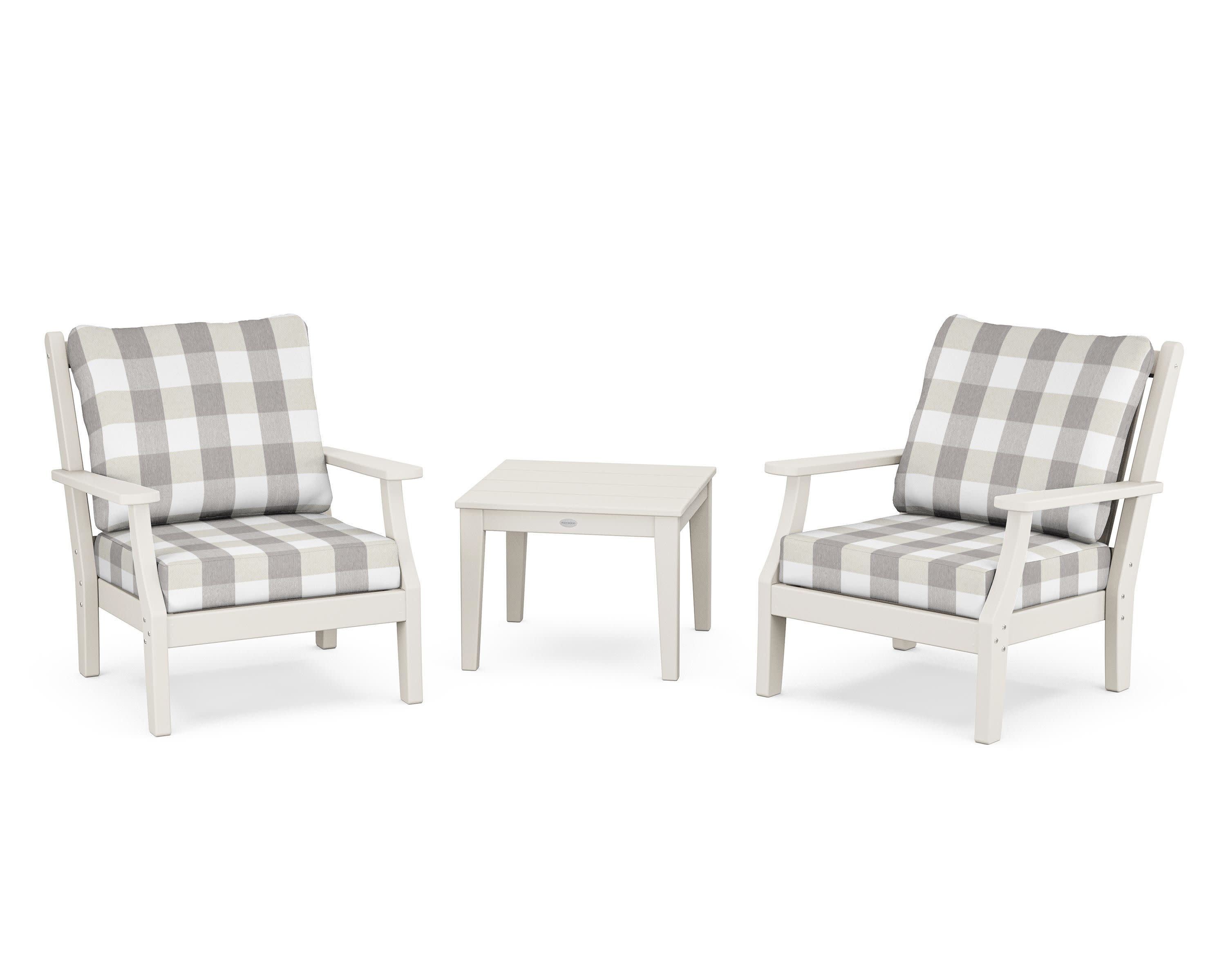 Wovendale 3-Piece Deep Seating Set in Sand / Buffalo Plaid Grey Mist