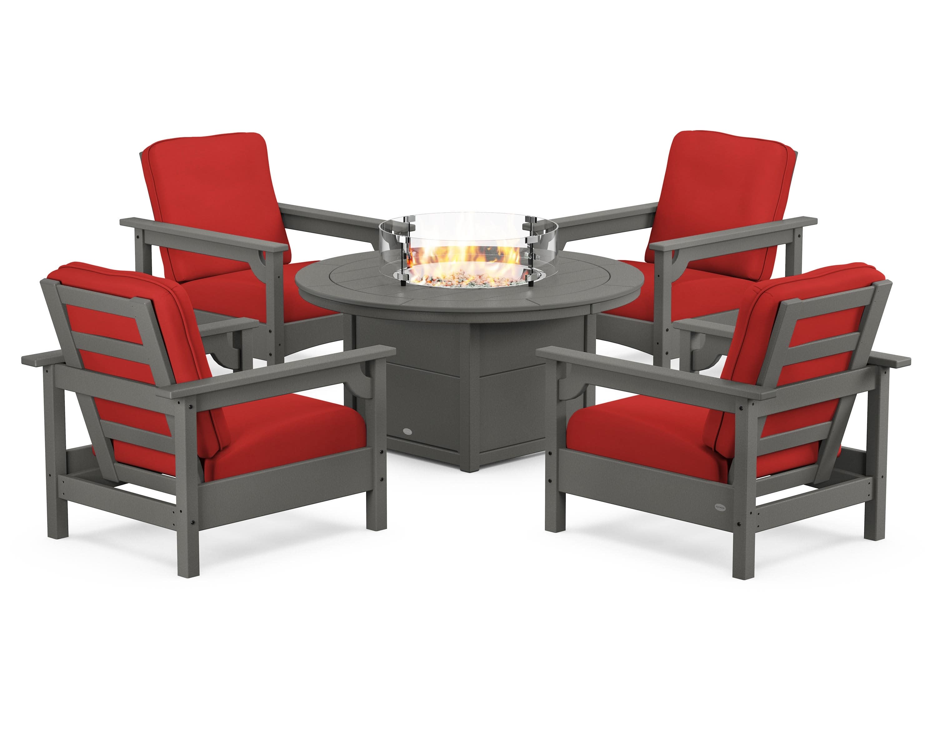 Club 5-Piece Conversation Set with Fire Pit Table in Slate Grey / Crimson Linen