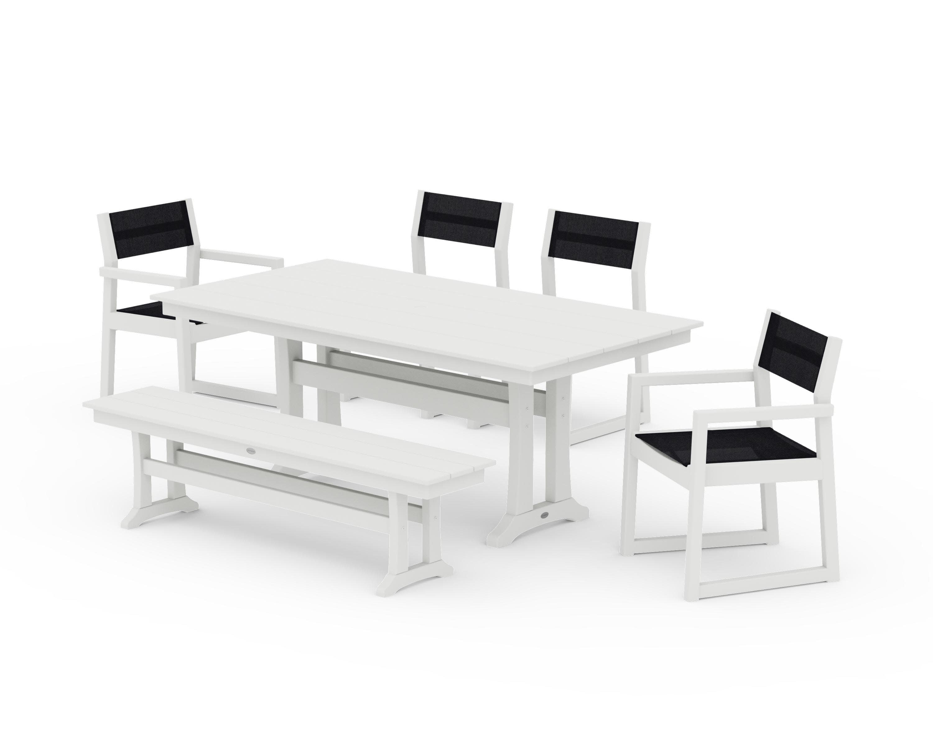 EDGE Sling 6-Piece Farmhouse Dining Set With Trestle Legs in Vintage White / Black Sling