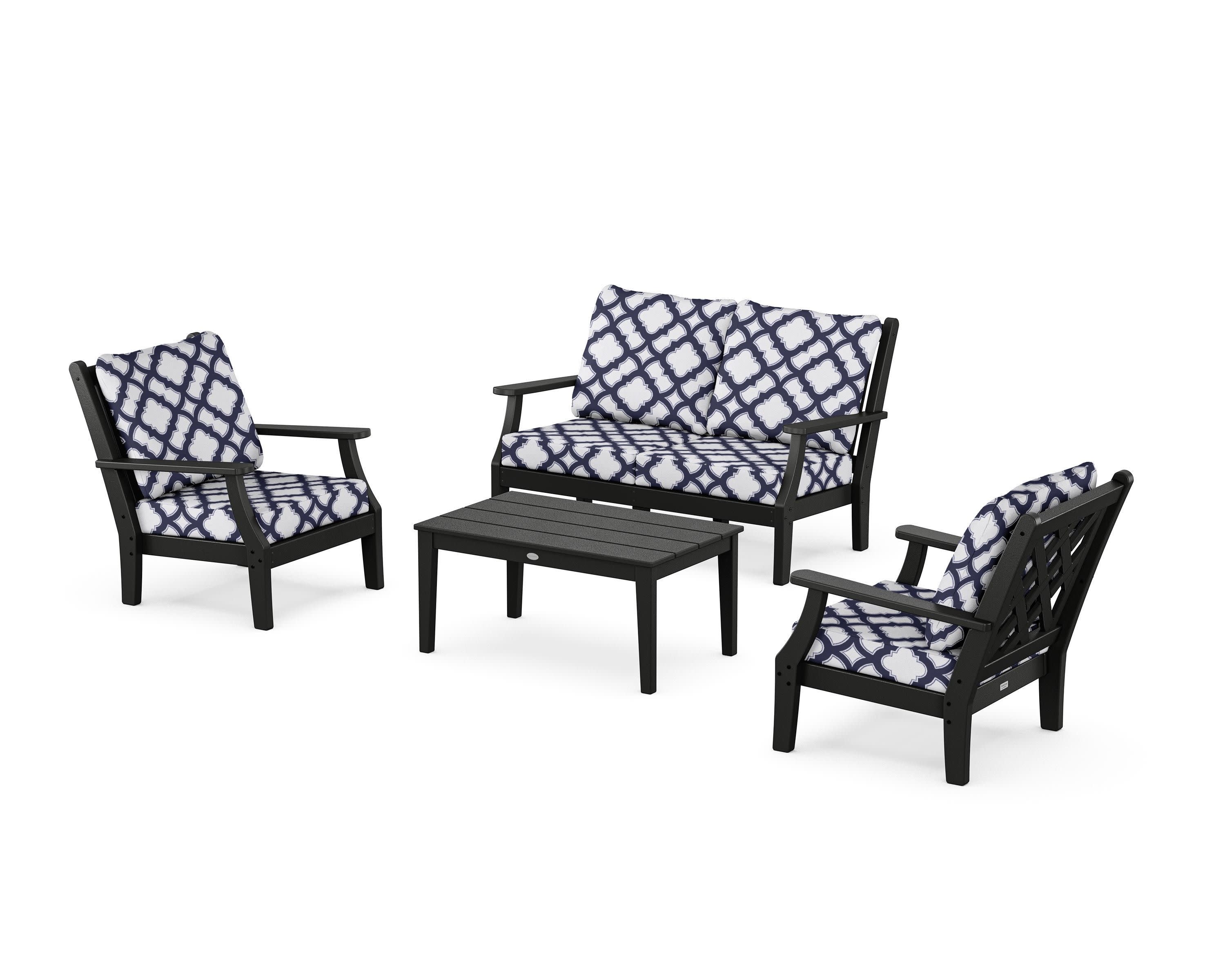Wovendale 4-Piece Deep Seating Set with Loveseat in Black / Trellis Navy