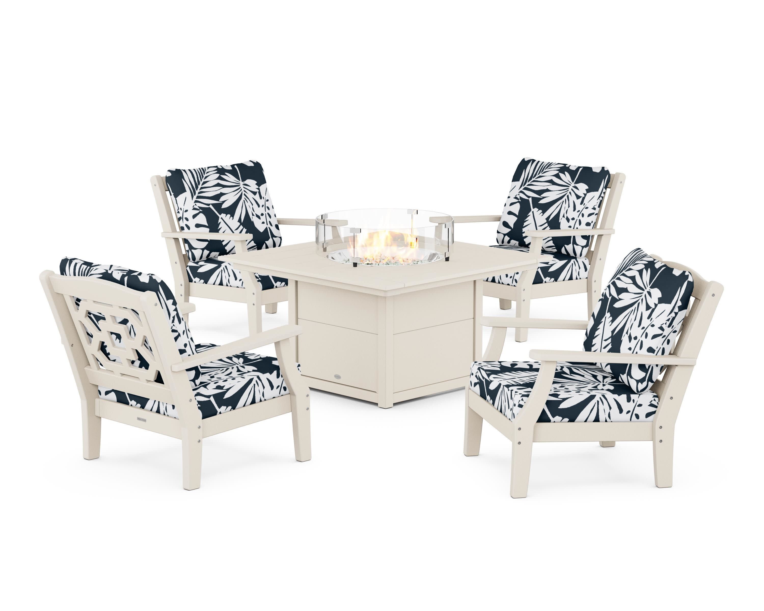 Chinoiserie 5-Piece Deep Seating Set with Fire Pit Table in Sand / Leaf Marine Indigo