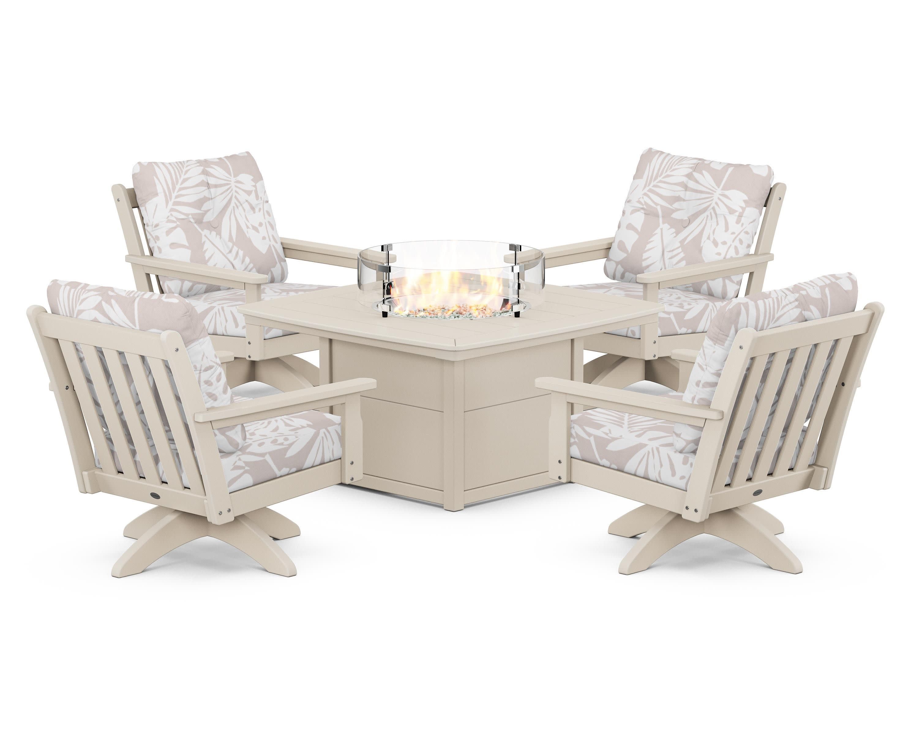 Vineyard 5-Piece Deep Seating Swivel Conversation Set with Fire Pit Table in Sand / Leaf Dune Burlap