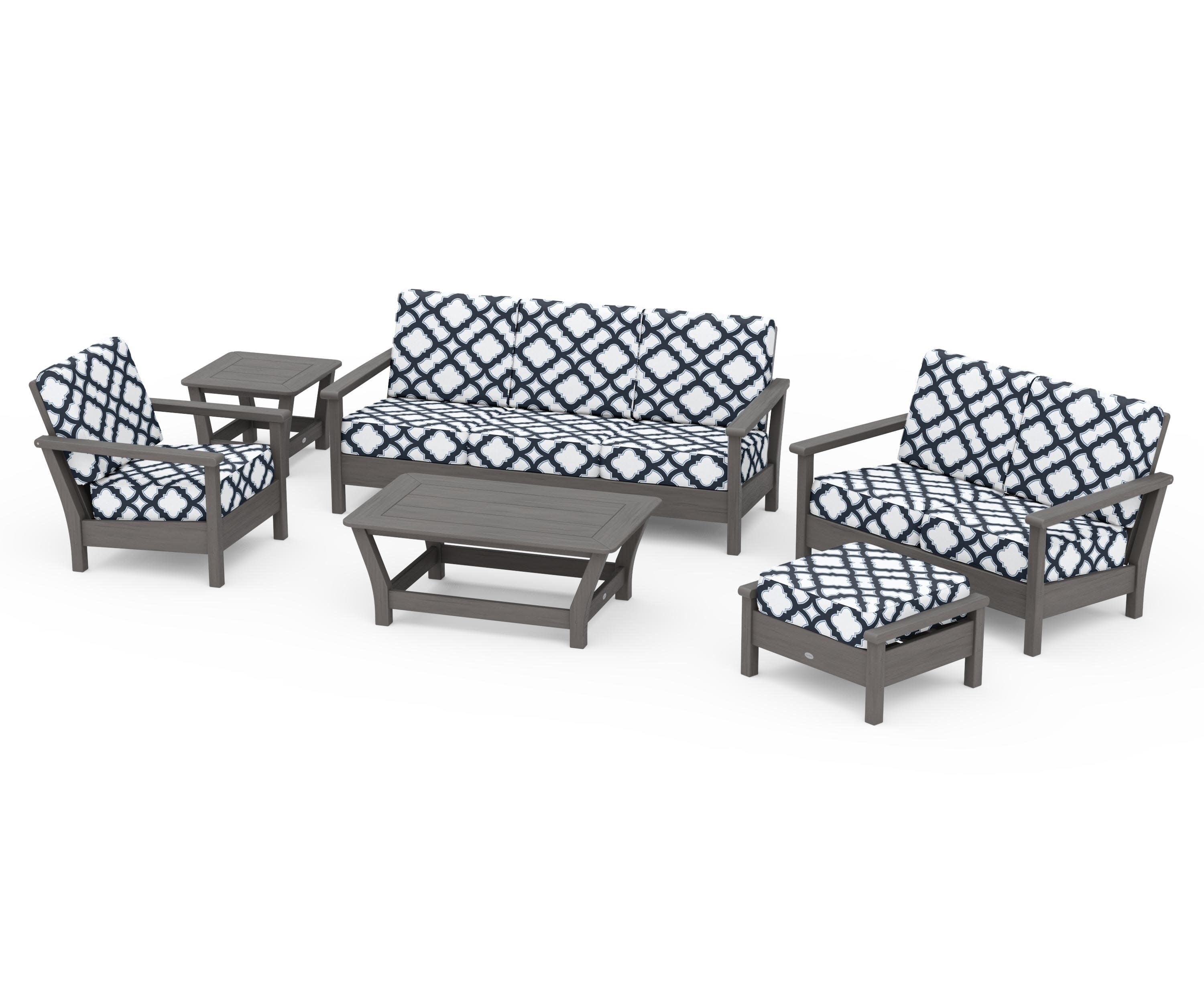 Harbour 6-Piece Outdoor Living Set in Driftwood / Trellis Marine Indigo