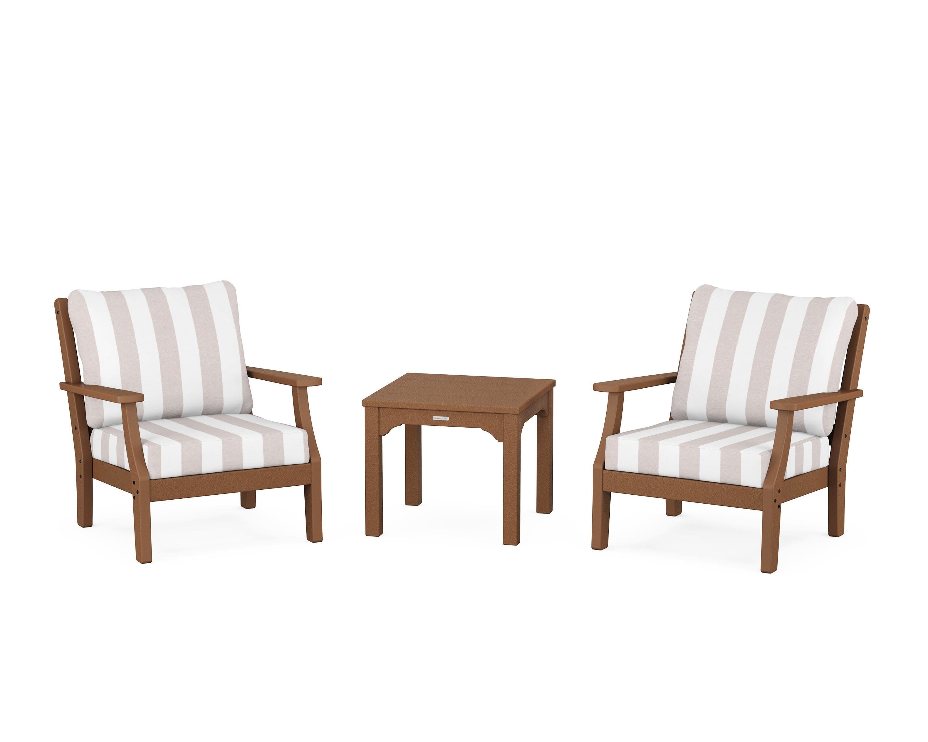 Chinoiserie 3-Piece Deep Seating Set in Teak / Cabana Stripe Dune Burlap
