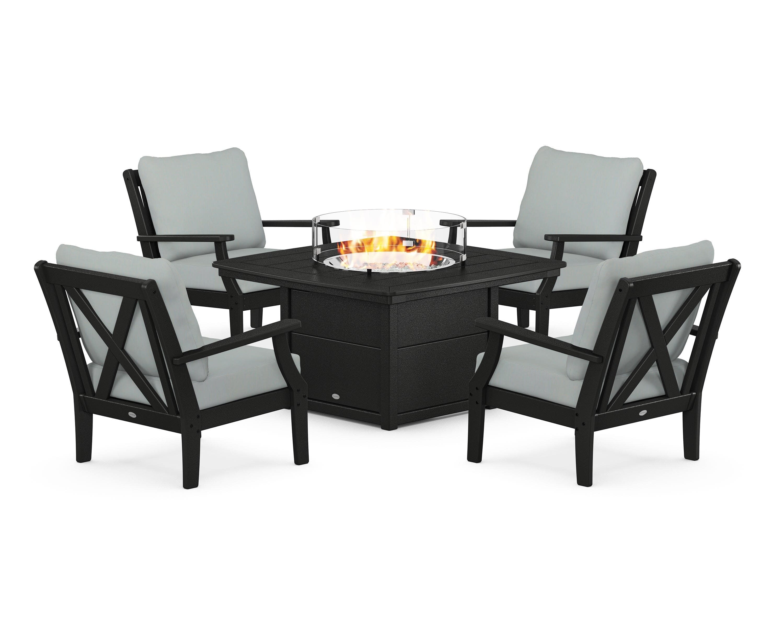 Braxton 5-Piece Deep Seating Conversation Set with Fire Pit Table in Black / Spa