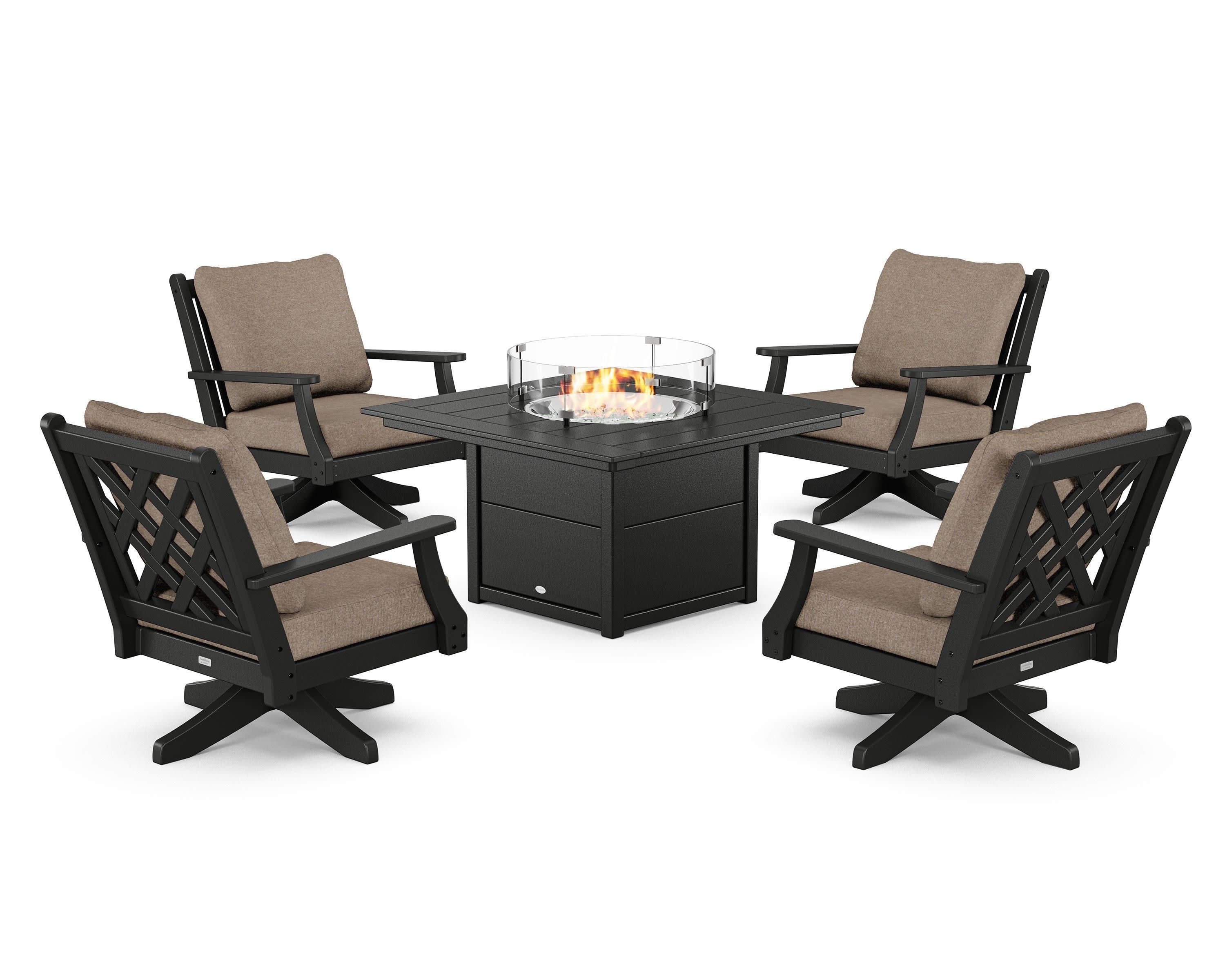 Wovendale 5-Piece Deep Seating Swivel Conversation Set with Fire Pit Table in Black / Spiced Burlap
