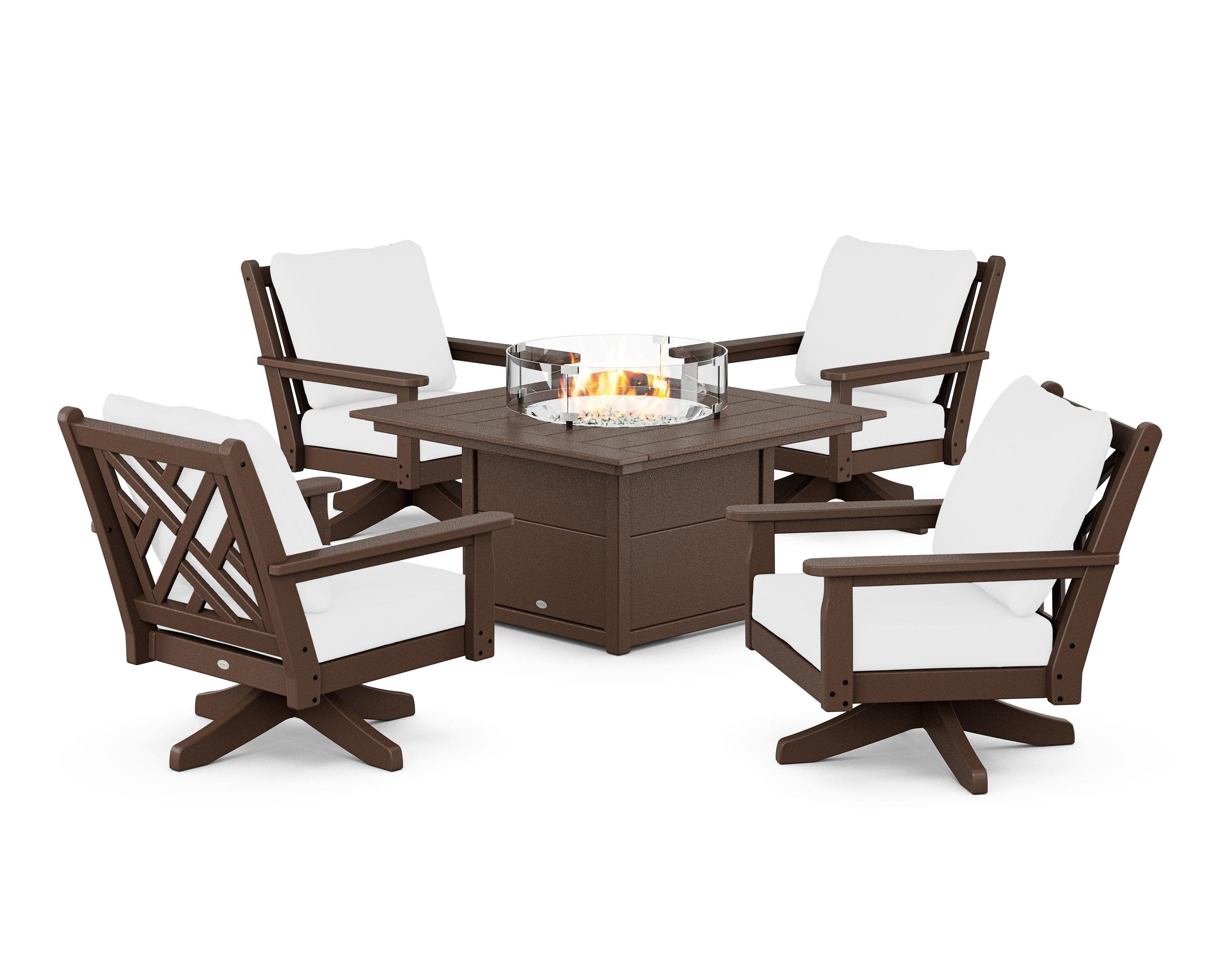 Chippendale 5-Piece Deep Seating Swivel Conversation Set with Fire Pit Table in Mahogany / Natural