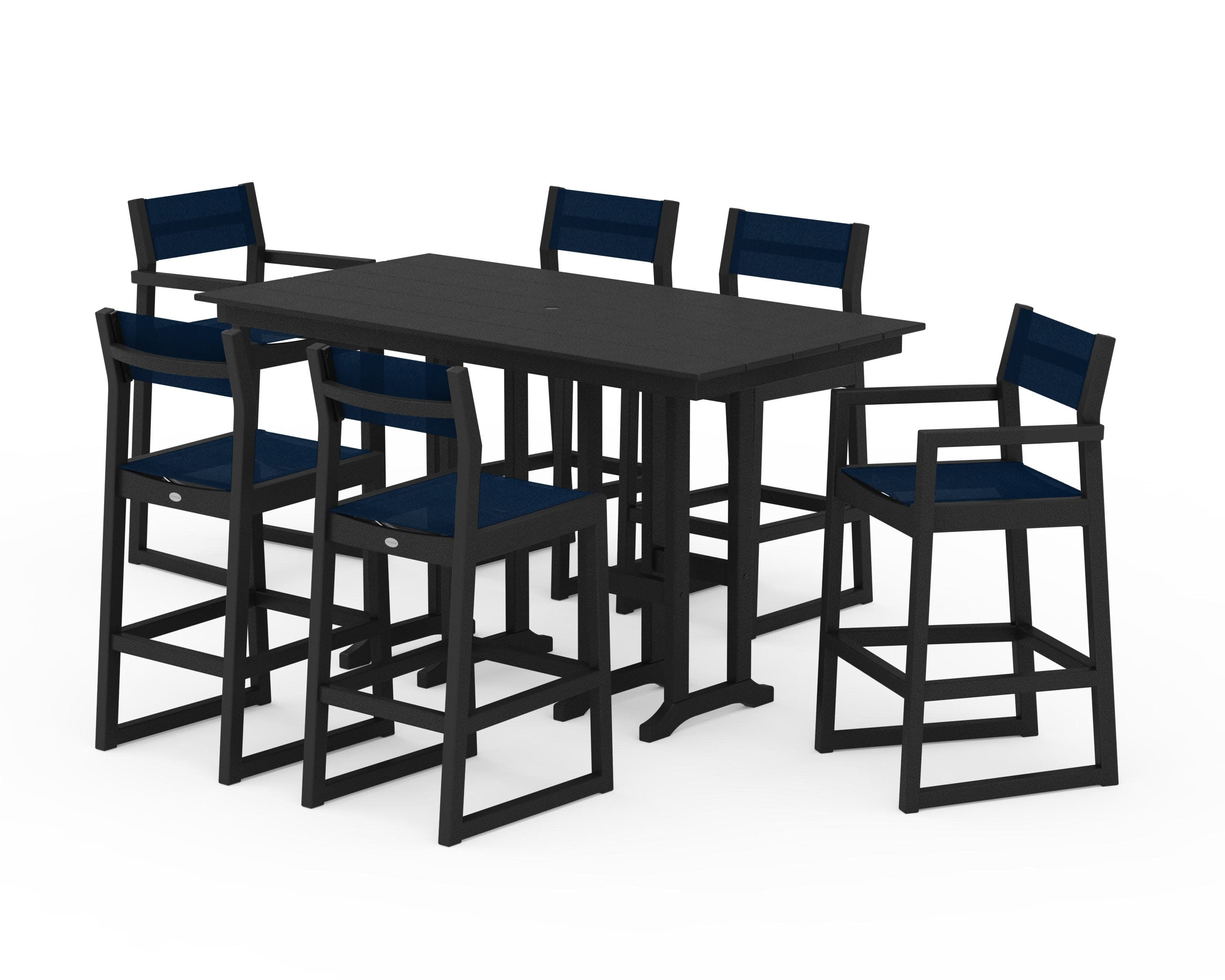 EDGE Sling 7-Piece Farmhouse Bar Set in Black / Navy Blue Sling