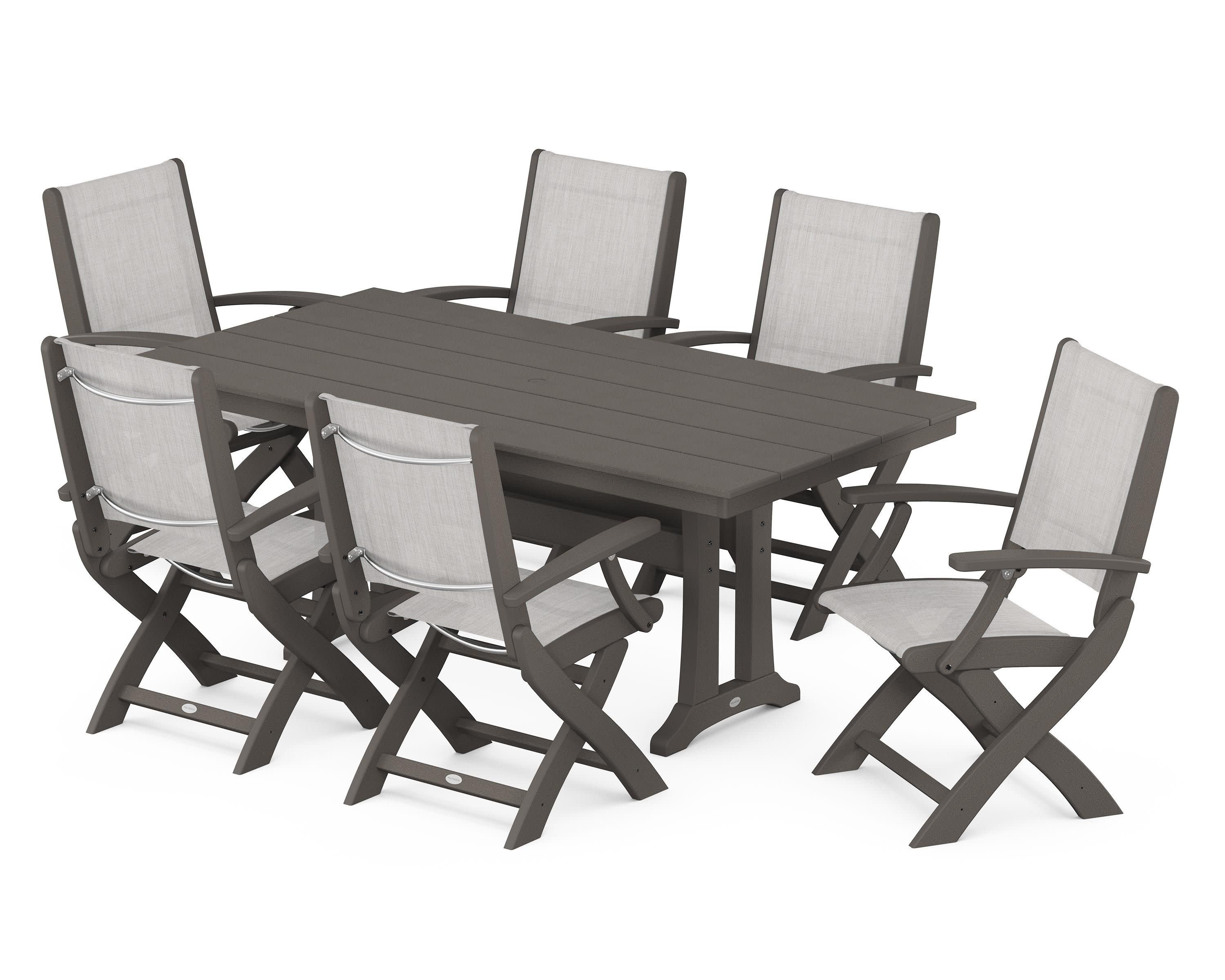 Coastal Folding Arm Chair 7-Piece Farmhouse Dining Set with Trestle Legs in Vintage Coffee / Parchment Sling