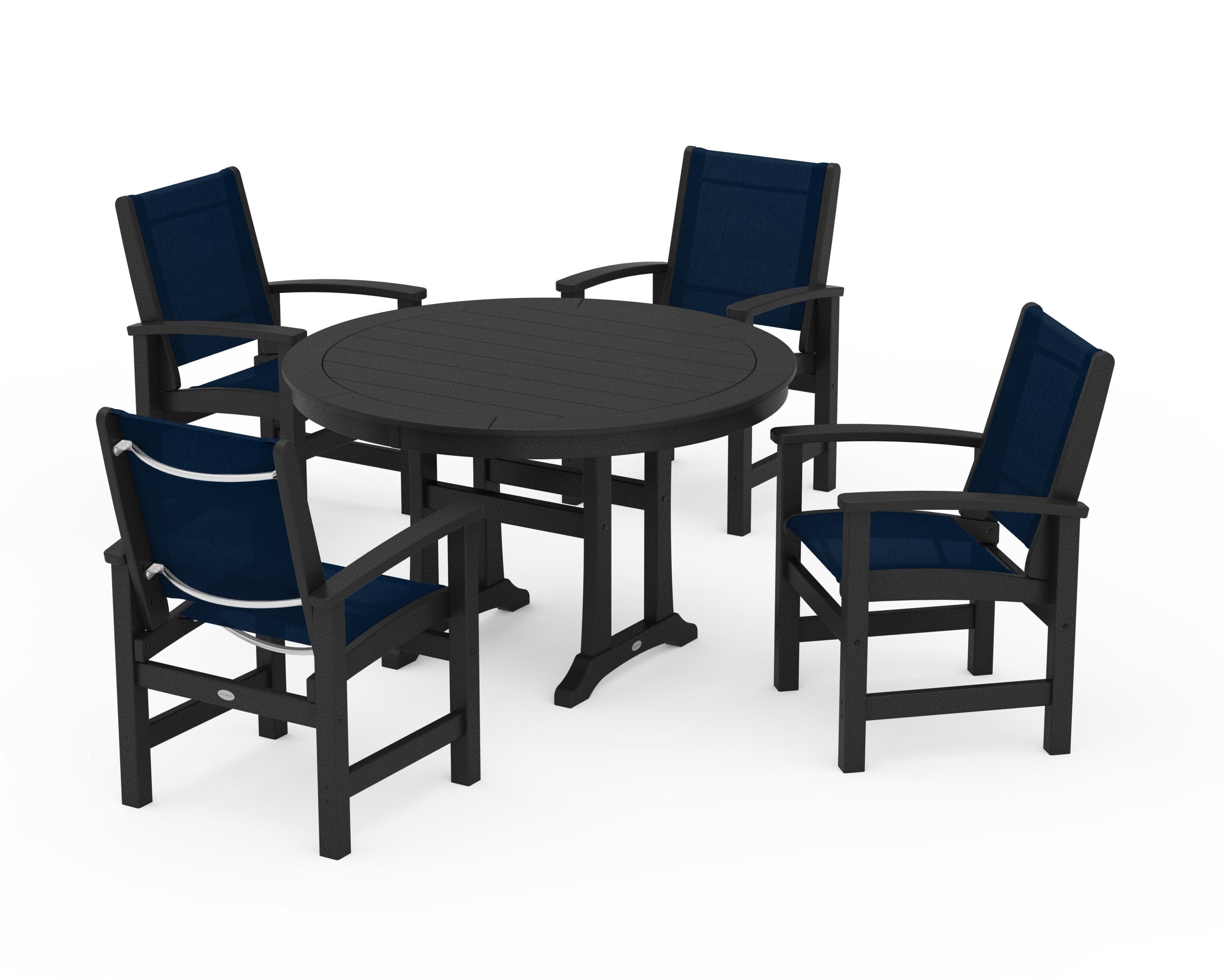 Coastal 5-Piece Round Dining Set with Trestle Legs in Black / Navy Blue Sling