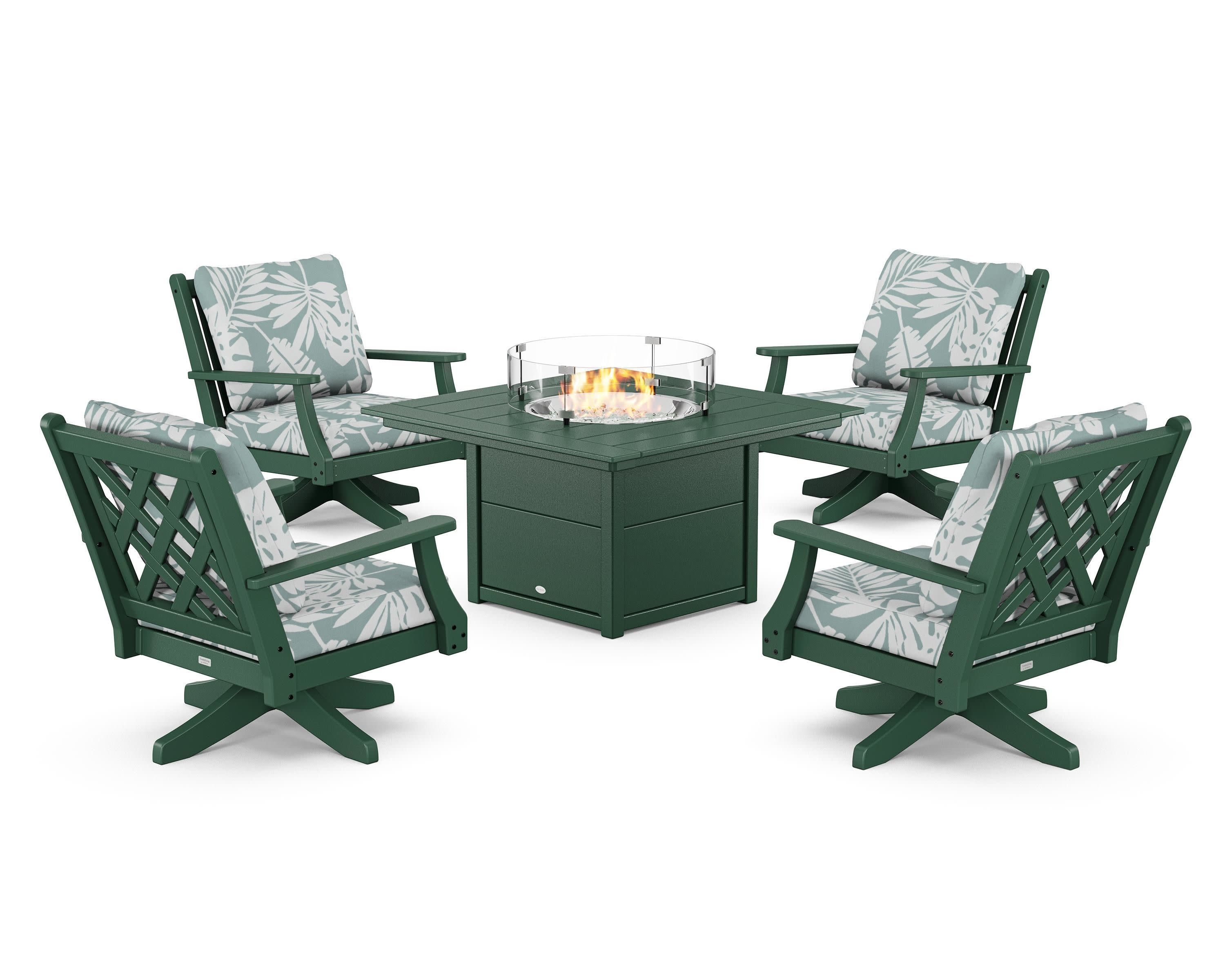Wovendale 5-Piece Deep Seating Swivel Conversation Set with Fire Pit Table in Green / Leaf Glacier Spa