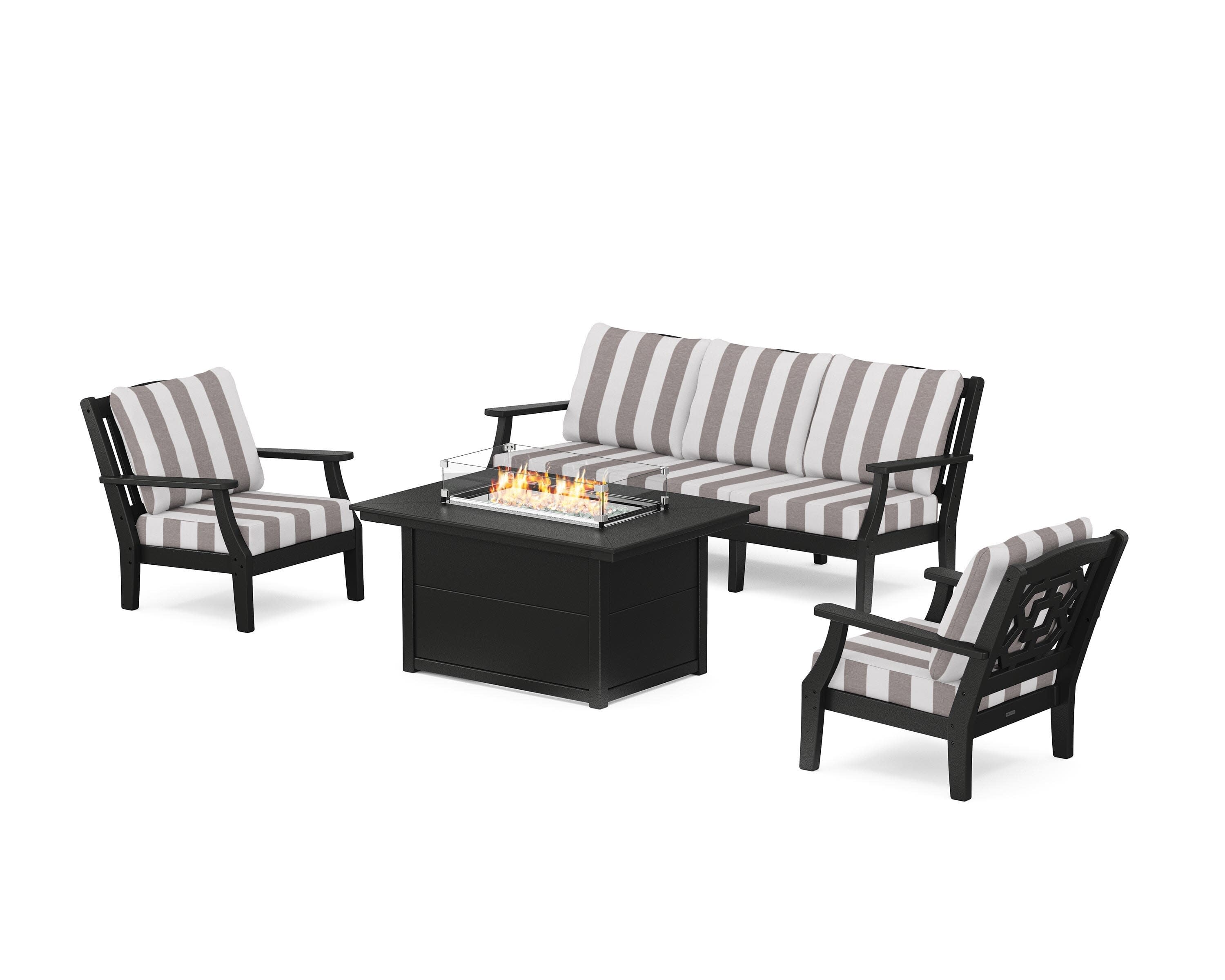 Chinoiserie Deep Seating Fire Pit Table Set in Black / Cabana Stripe Grey Mist