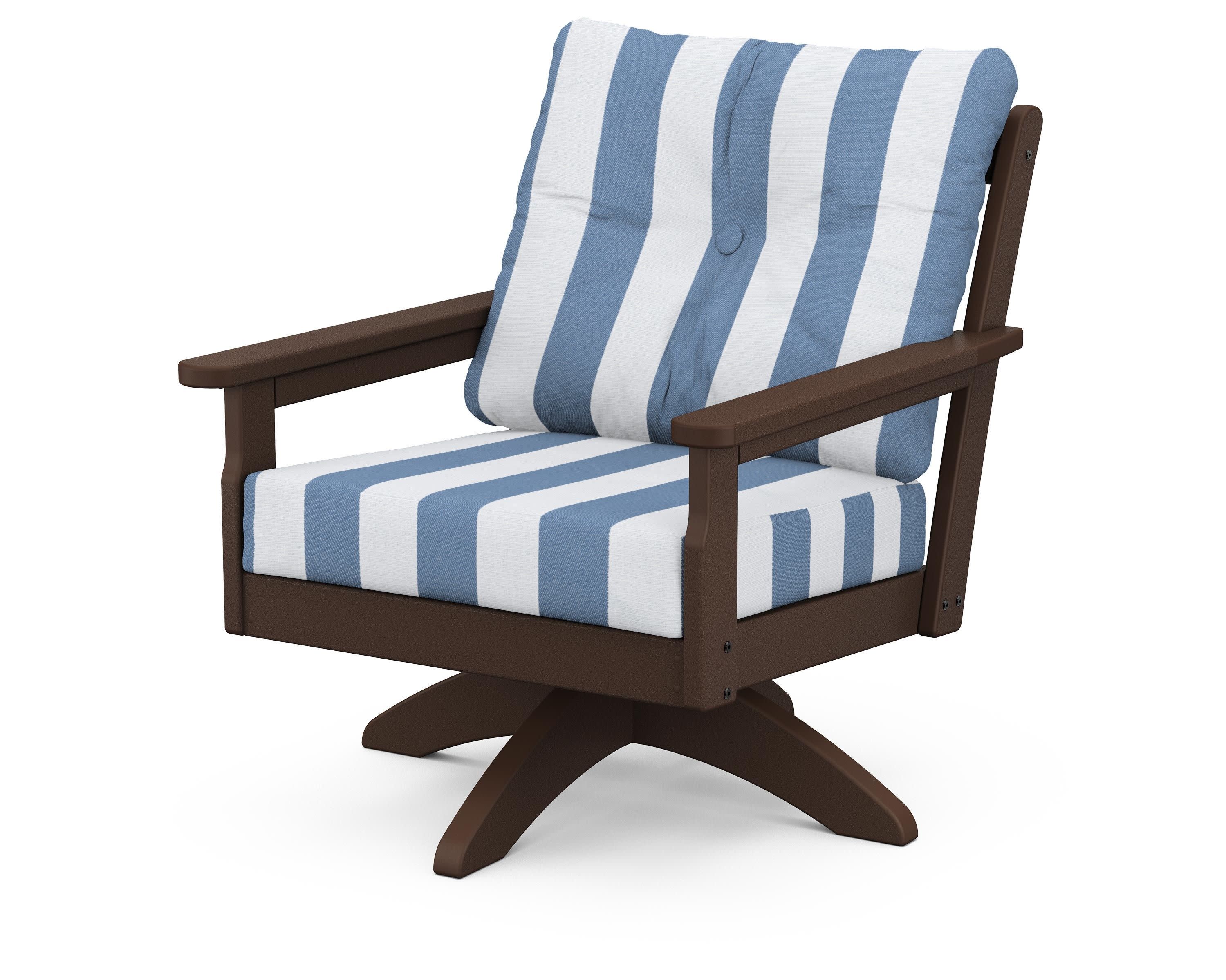 Vineyard Deep Seating Swivel Chair in Mahogany / Cabana Stripe Sky Blue