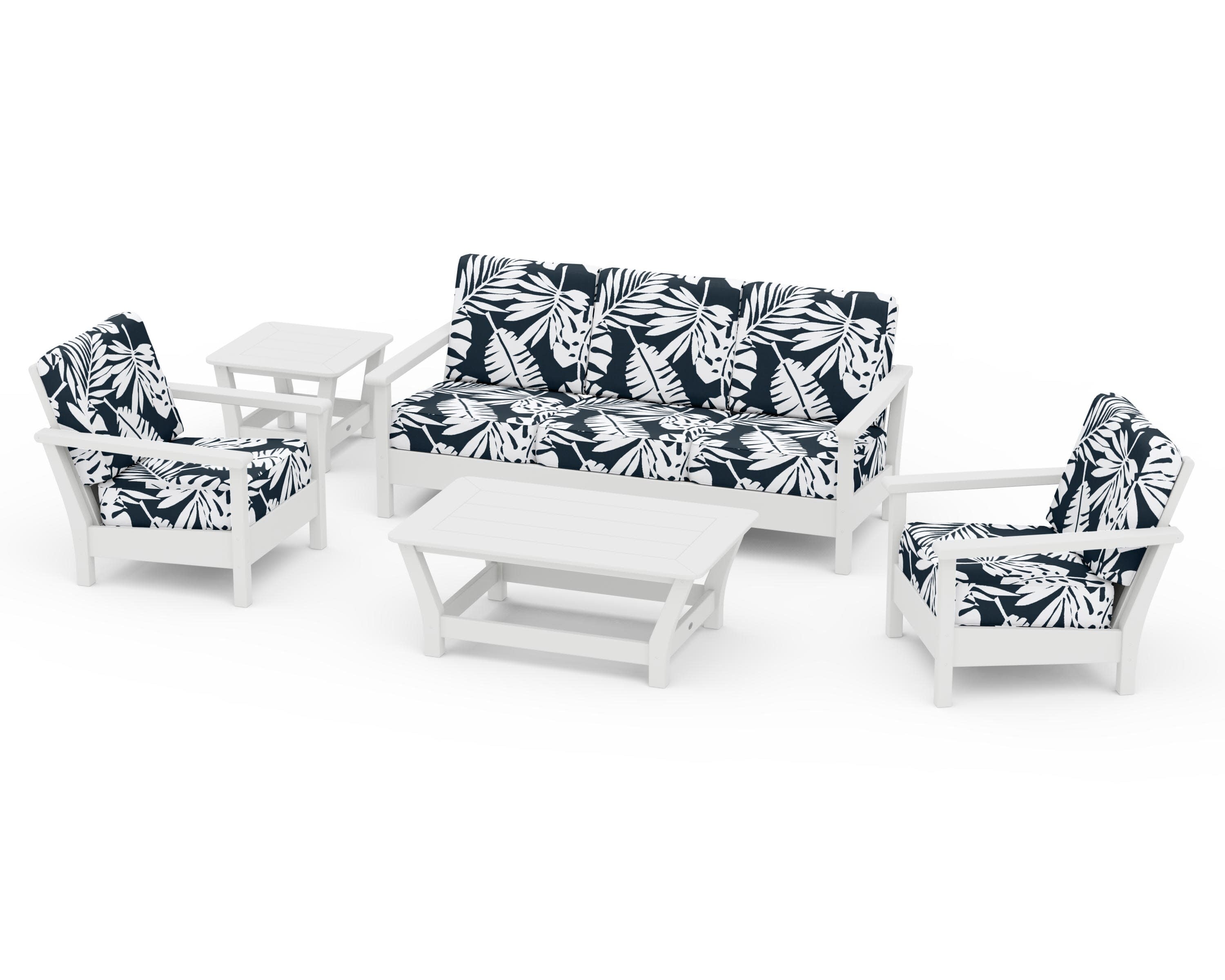 Harbour 5-Piece Deep Seating Set in White / Leaf Marine Indigo