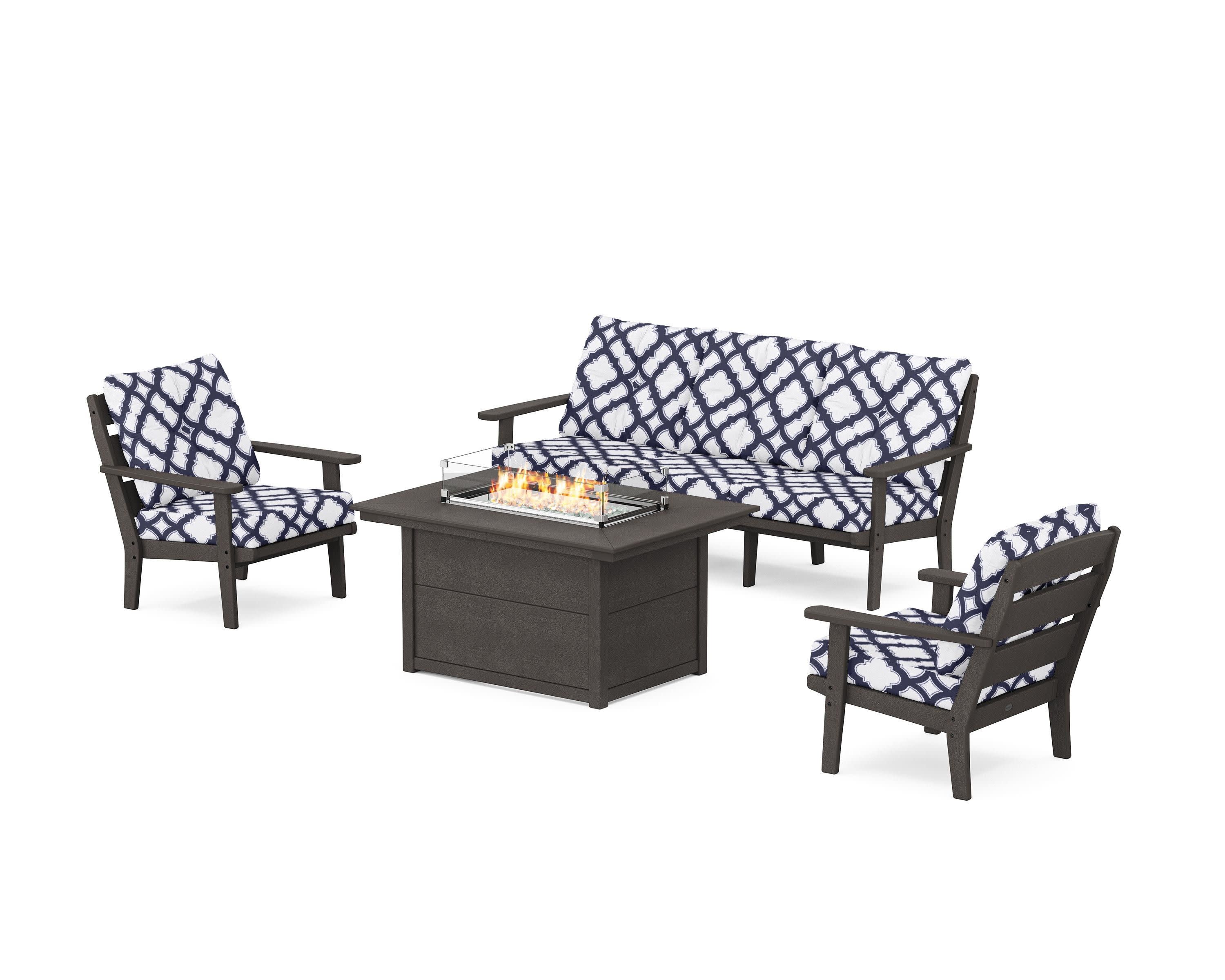 Lakeside Deep Seating Fire Pit Table Set in Vintage Coffee / Trellis Navy