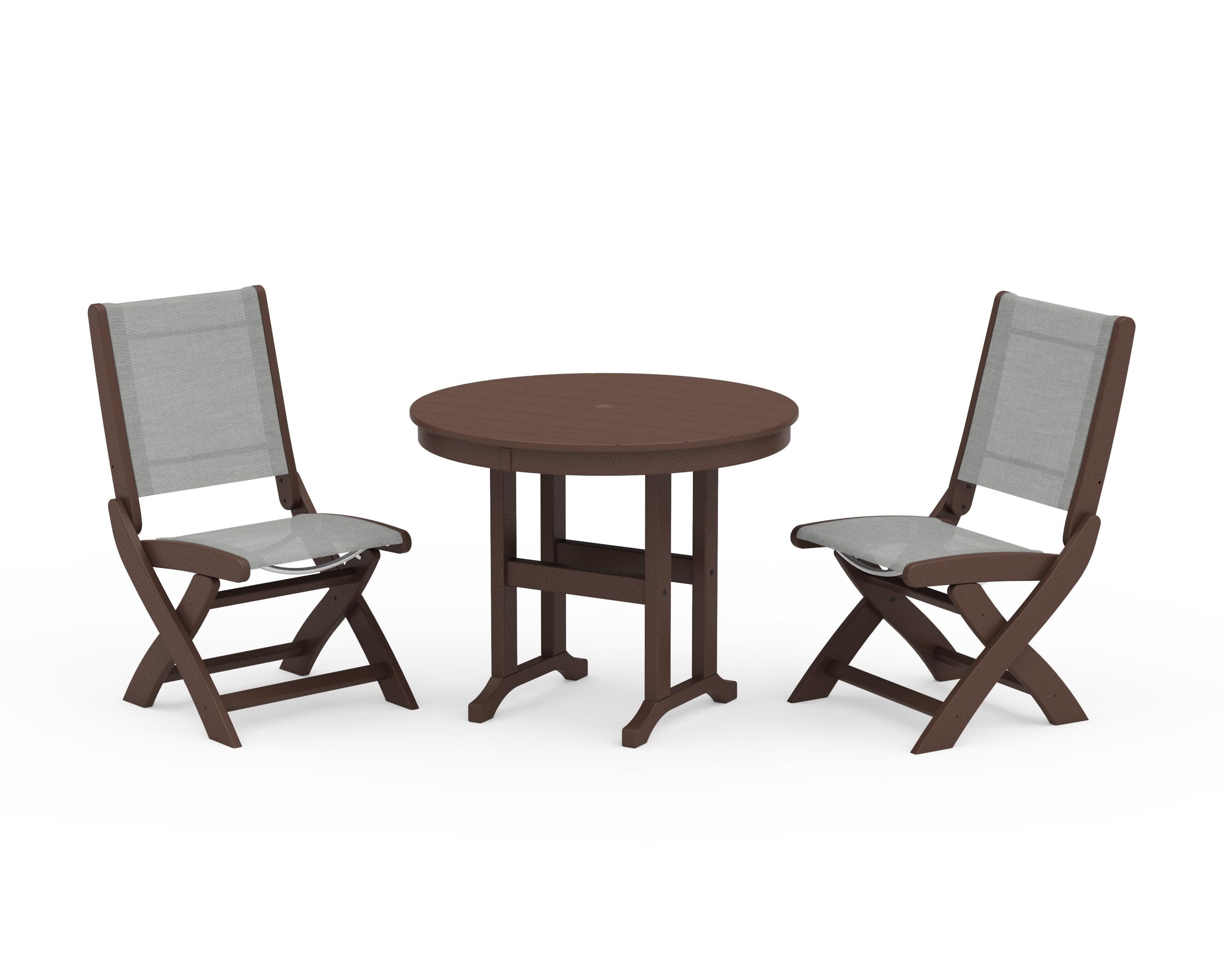 Coastal Folding Side Chair 3-Piece Round Dining Set in Mahogany / Metallic Sling