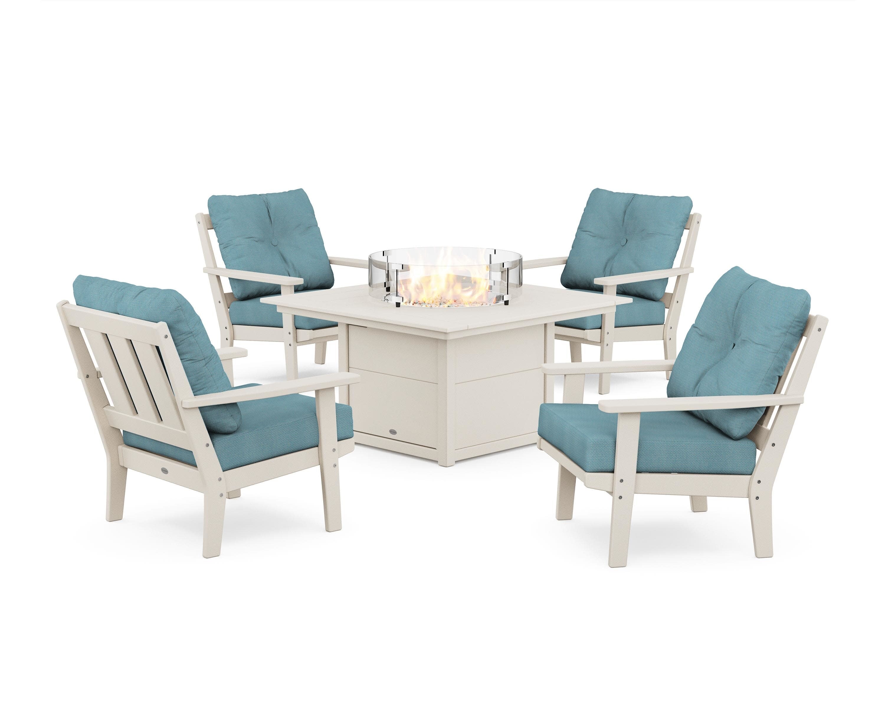 Oxford 5-Piece Deep Seating Set with Fire Pit Table in Sand / Lattice Sky Blue