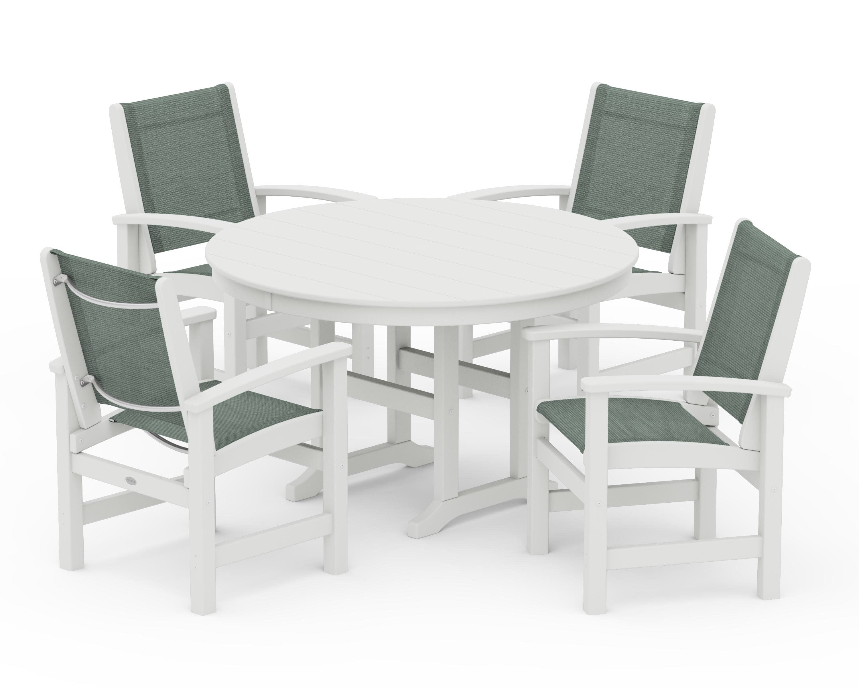 Coastal 5-Piece Round Farmhouse Dining Set in Vintage White / Dupioni Sea Mist Sling