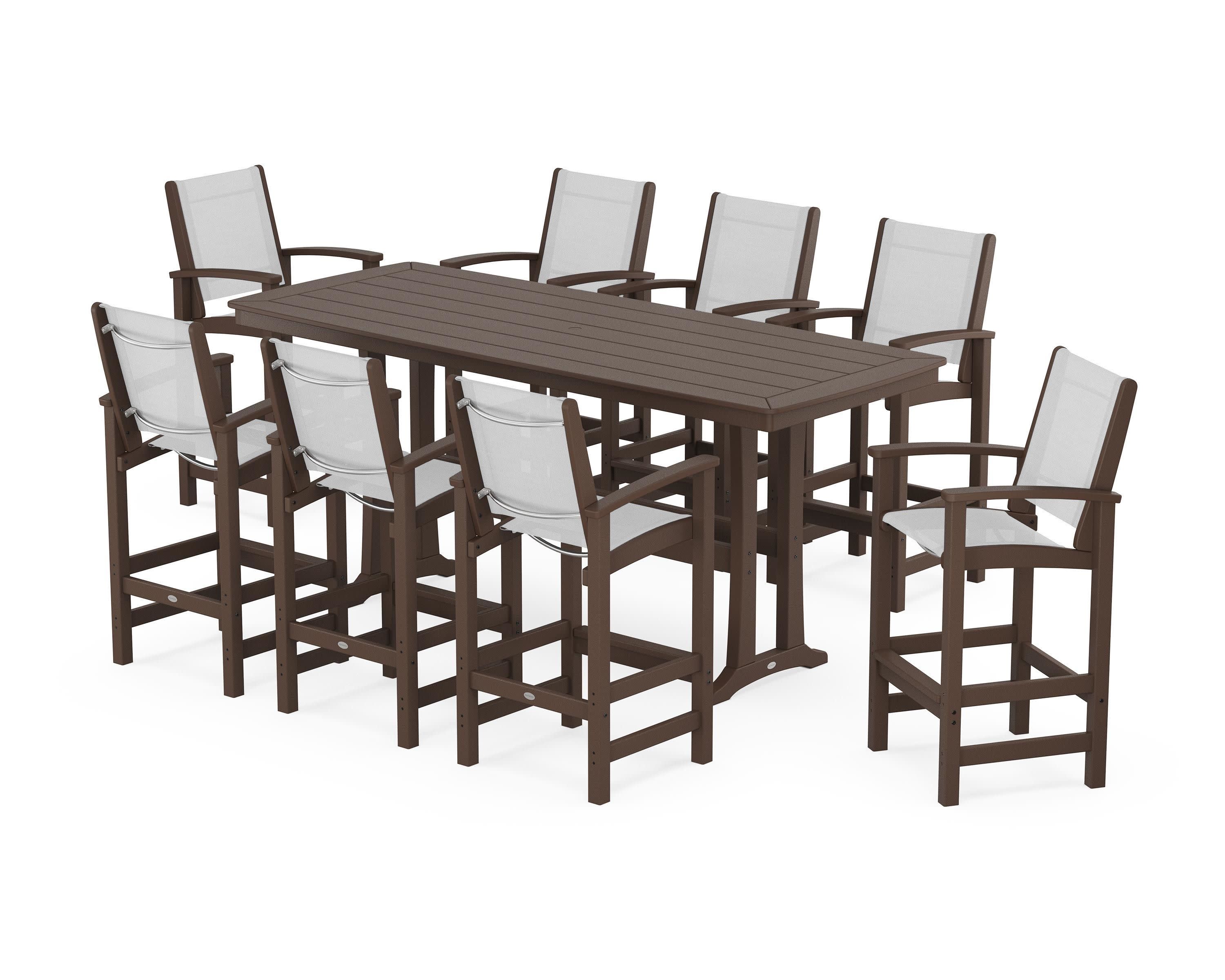 Coastal 9-Piece Bar Set with Trestle Legs in Mahogany / White Sling