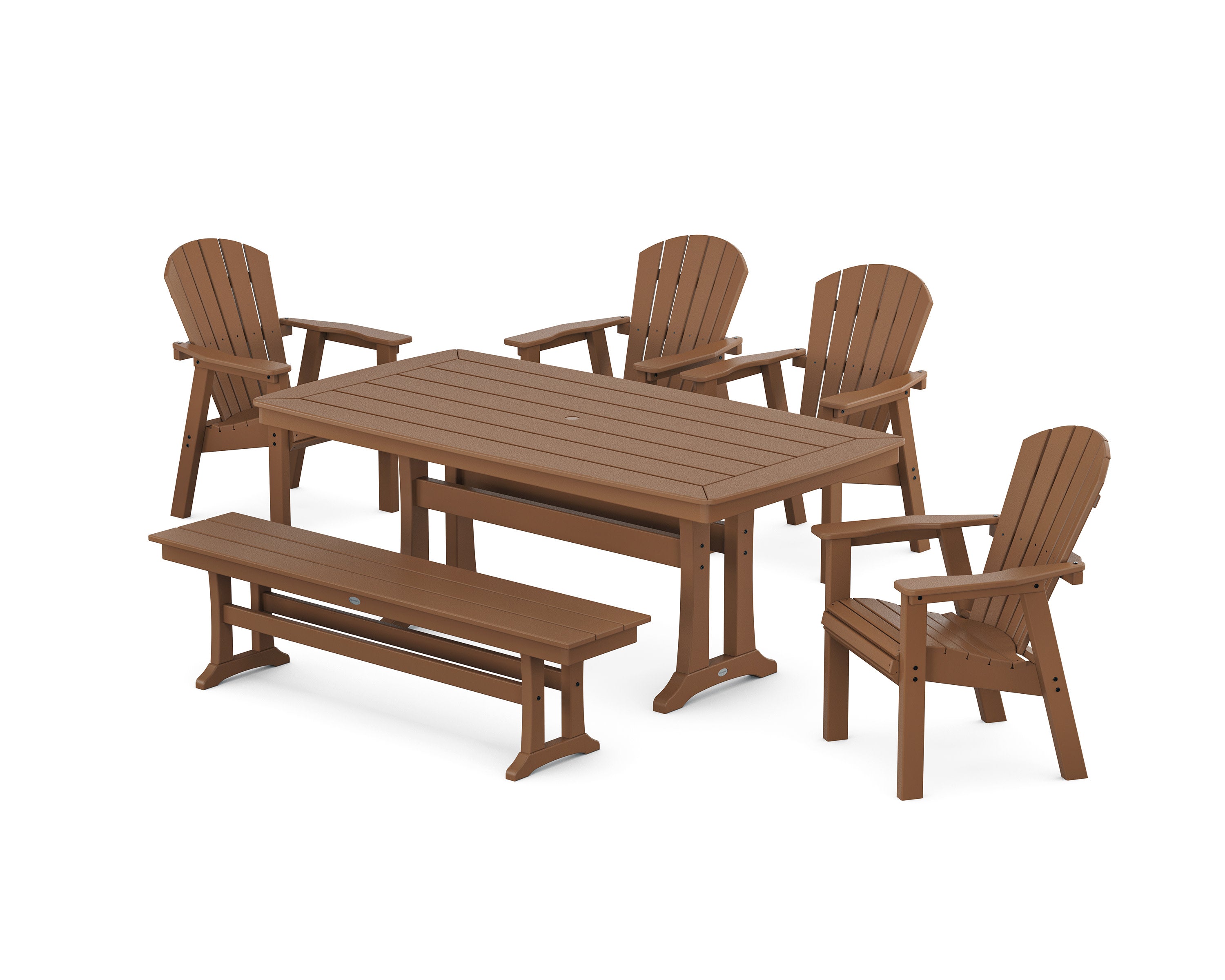 Seashell 6-Piece Dining Set with Trestle Legs and Bench in Teak