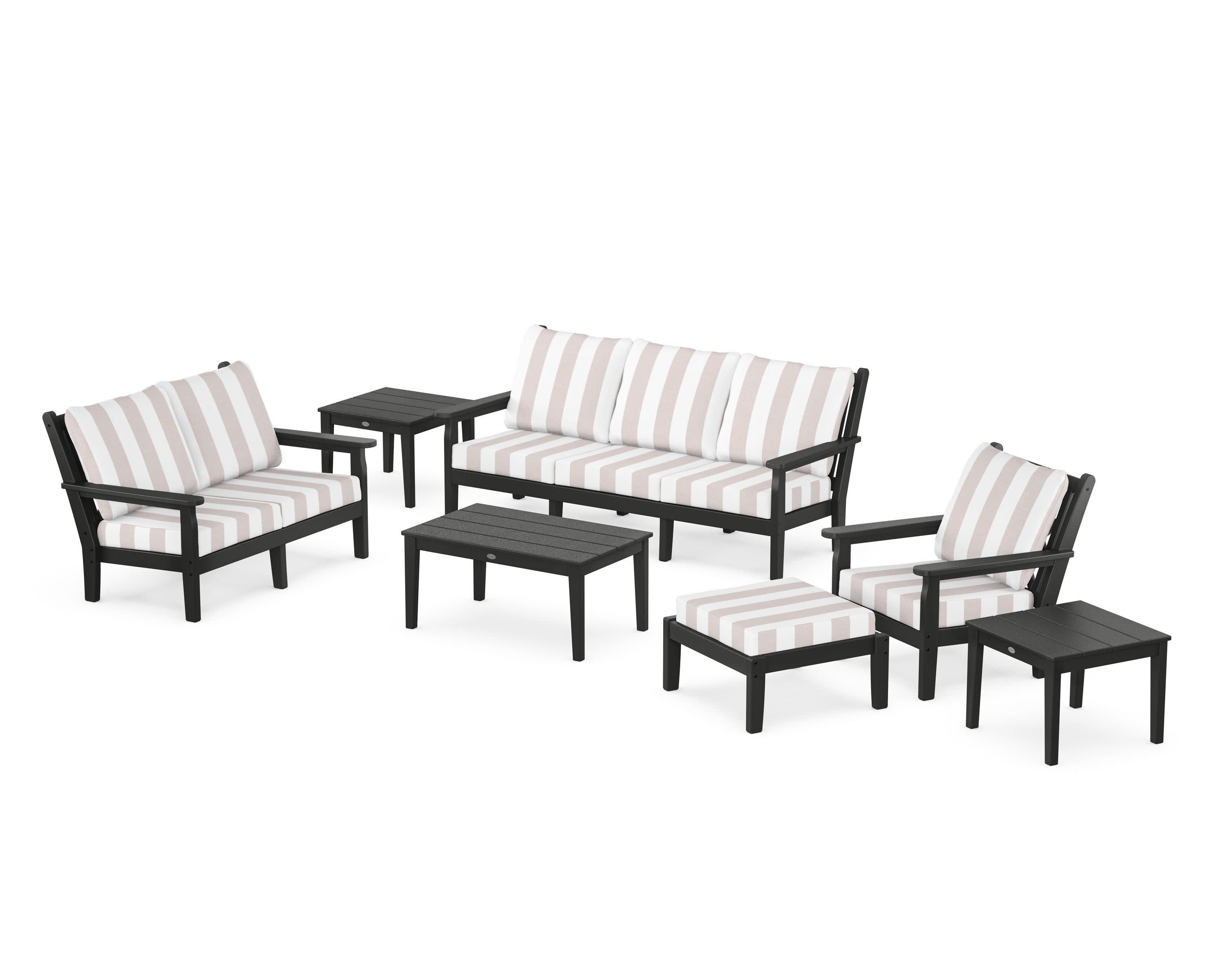 Chippendale 7-Piece Deep Seating Set in Black / Cabana Stripe Dune Burlap