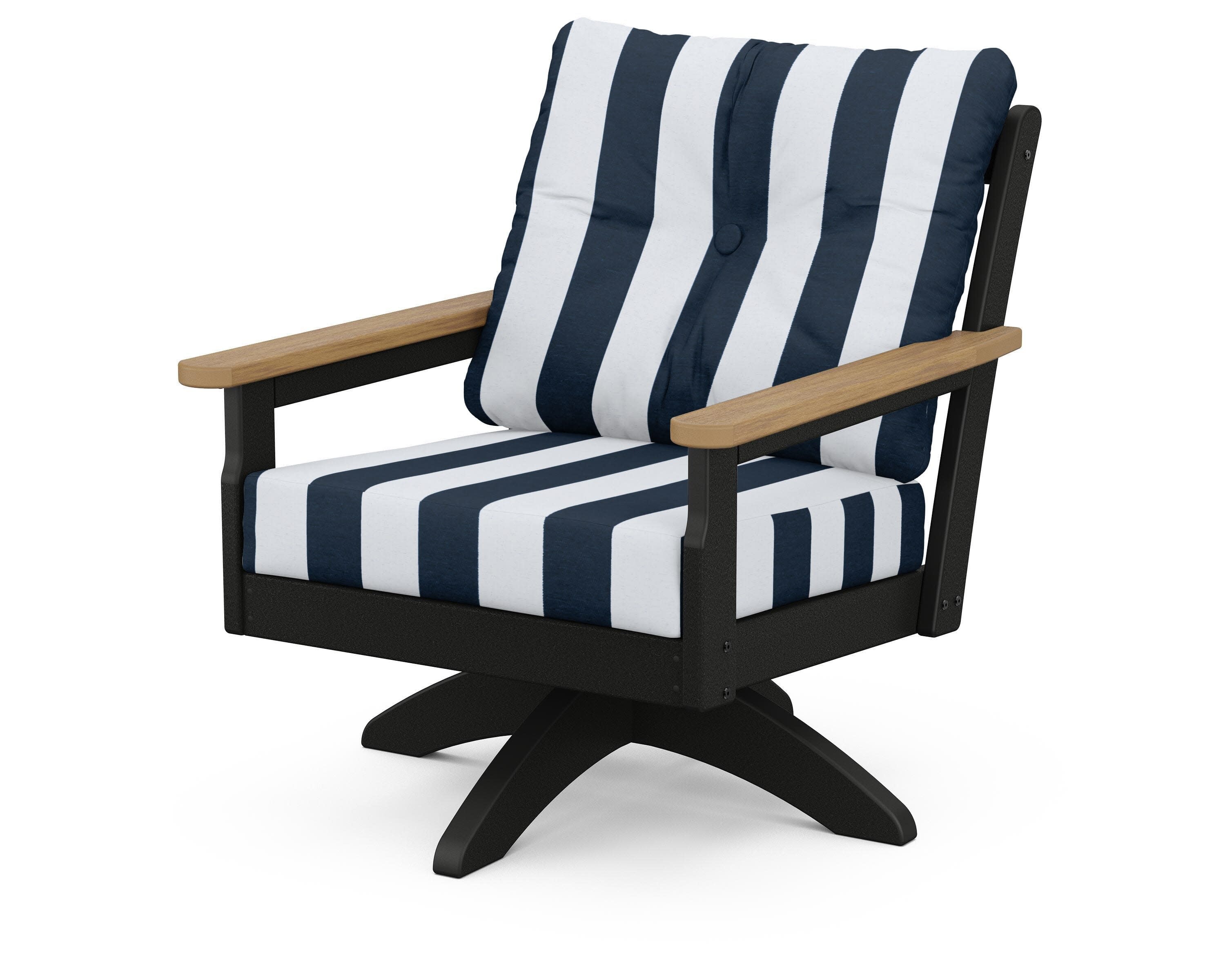 Vineyard Deep Seating Swivel Chair in Black / Natural / Cabana Stripe Marine Indigo