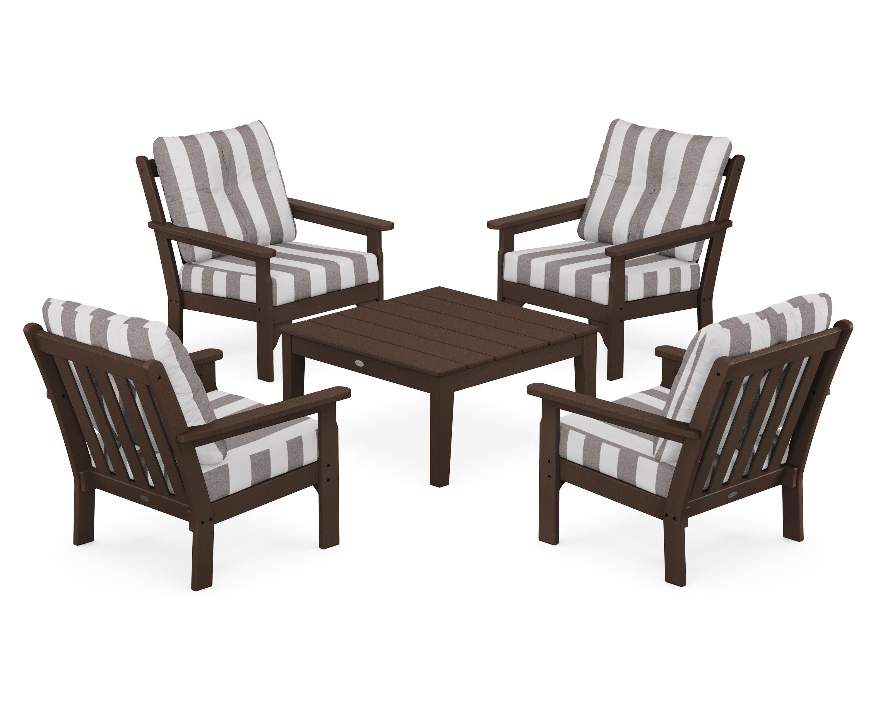 Vineyard 5-Piece Deep Seating Conversation Set in Mahogany / Cabana Stripe Grey Mist