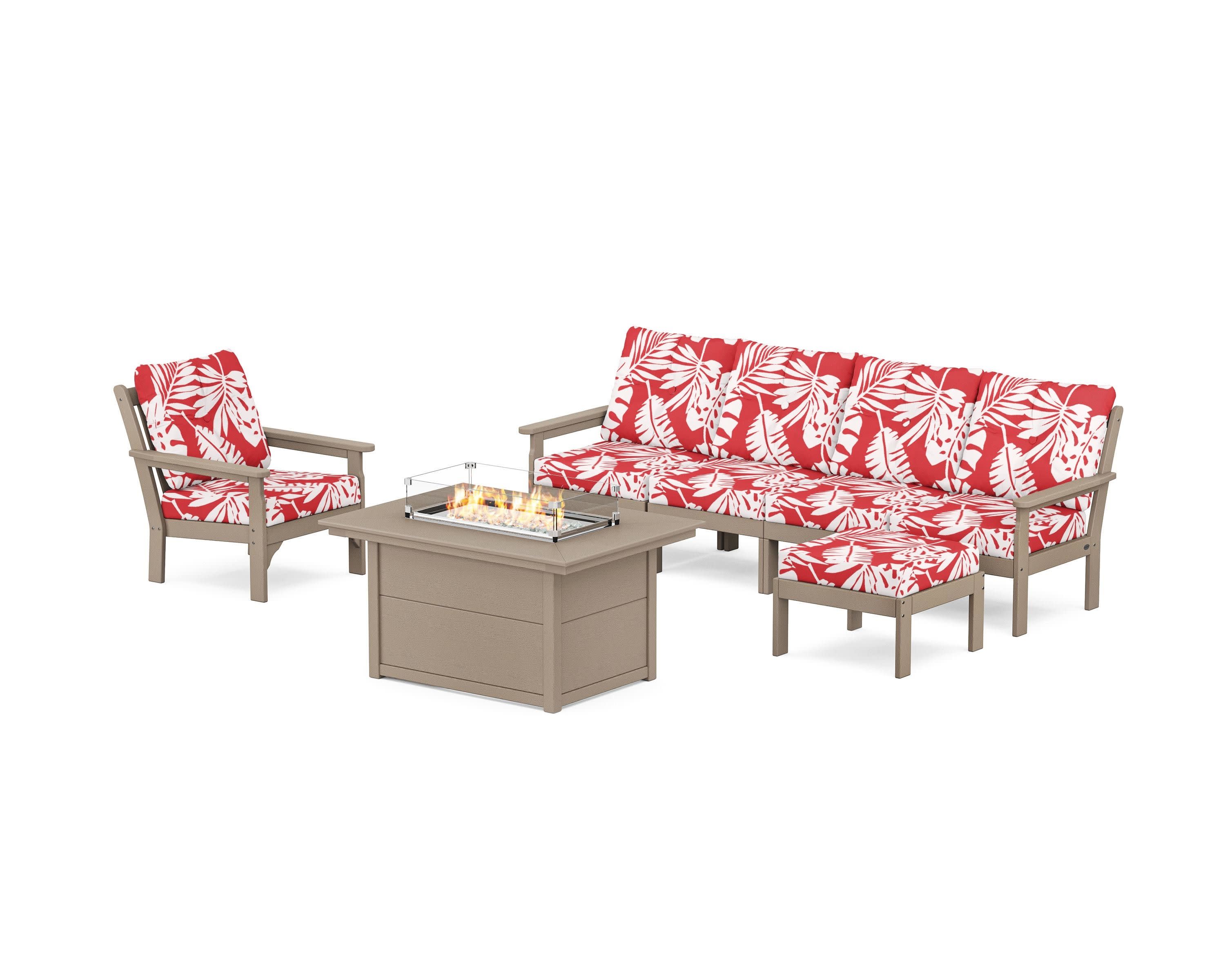 Vineyard Sectional Lounge and Fire Pit Set in Vintage Sahara / Leaf Crimson
