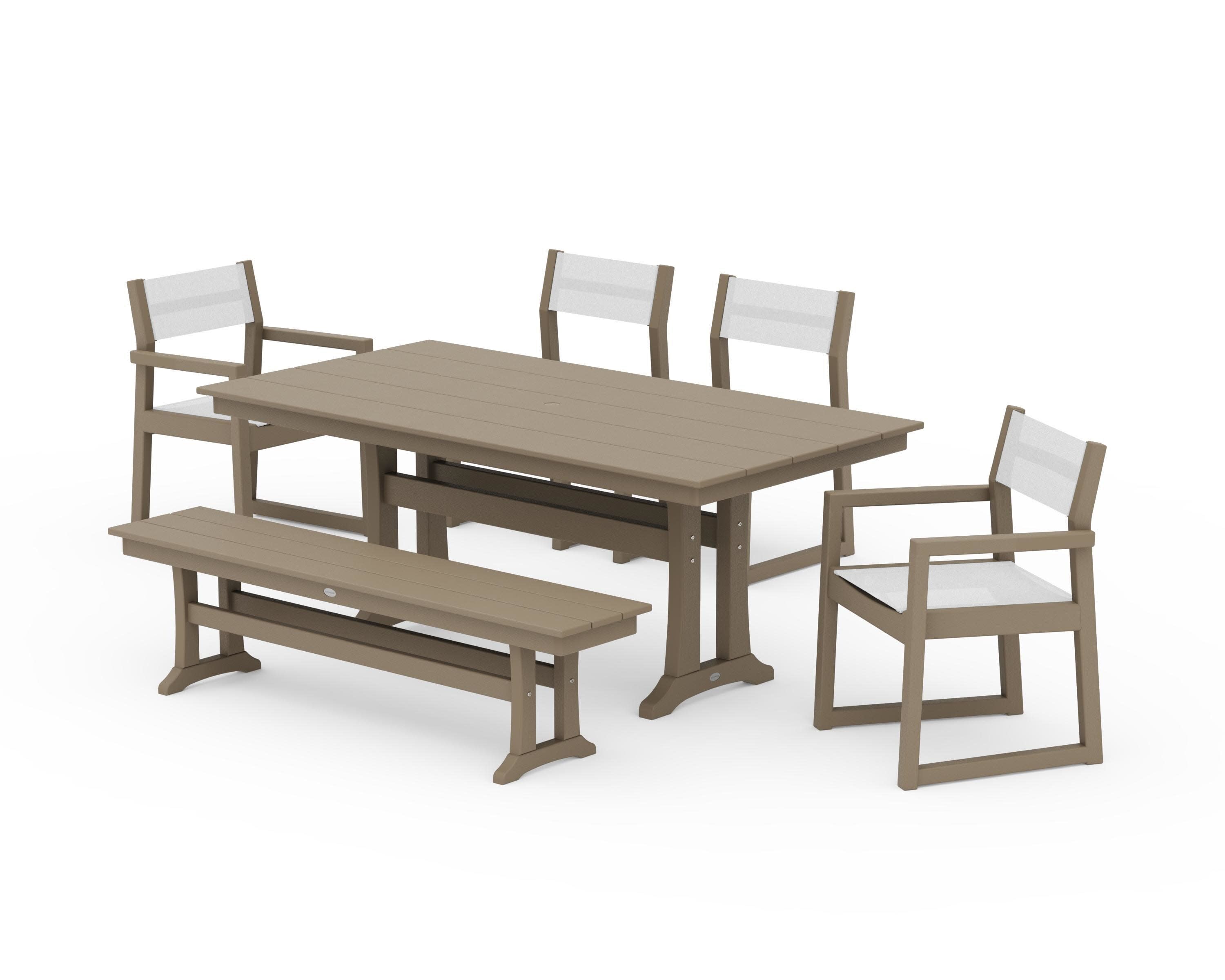 EDGE Sling 6-Piece Farmhouse Dining Set With Trestle Legs in Vintage Sahara / White Sling