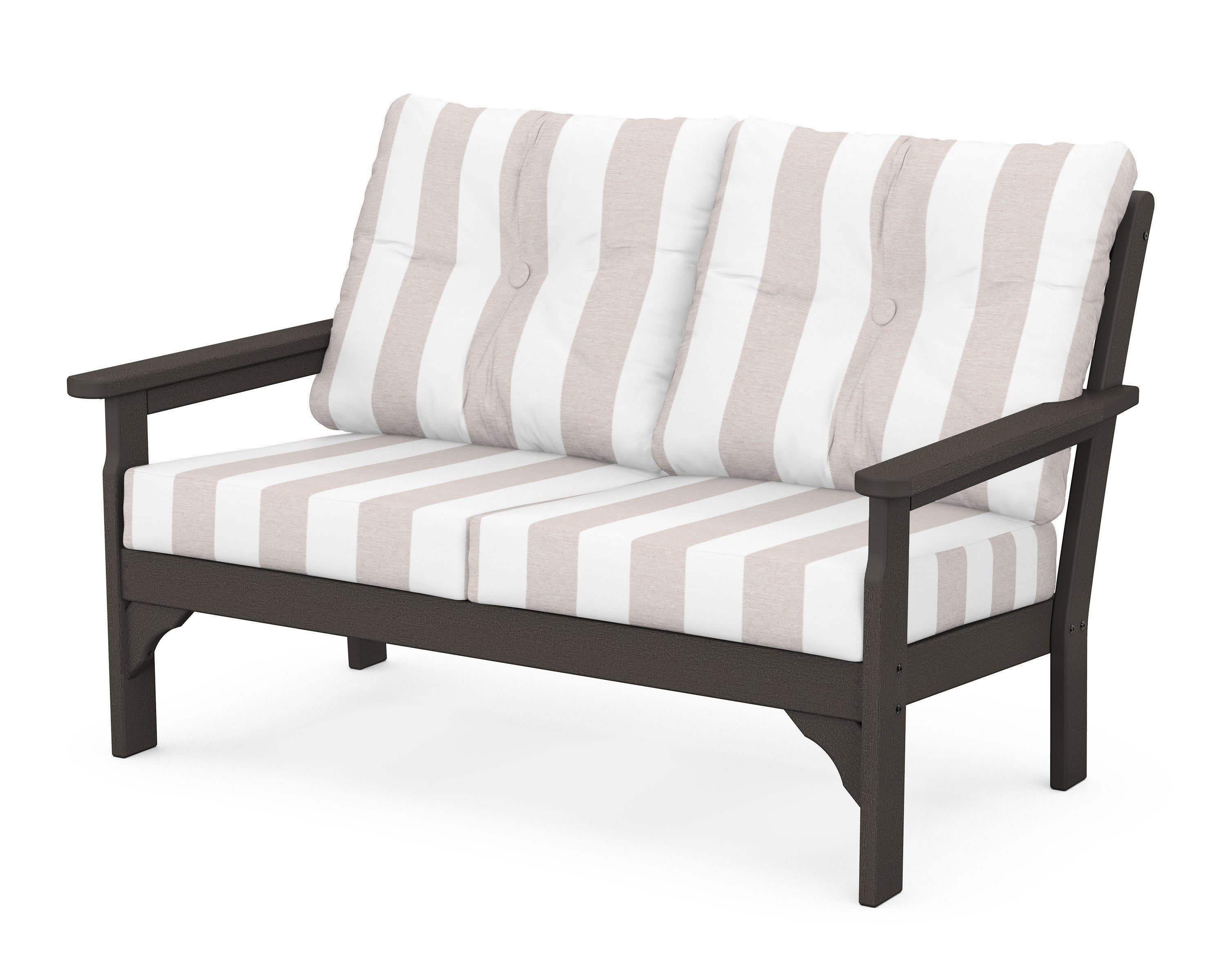 Vineyard Deep Seating Loveseat in Vintage Coffee / Cabana Stripe Dune Burlap
