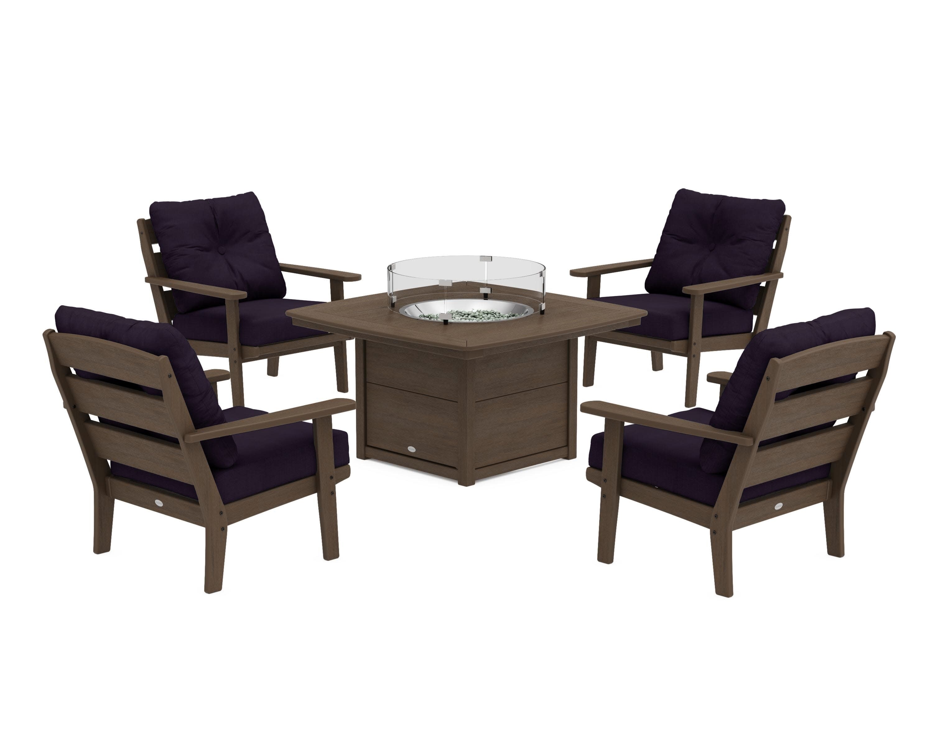 Lakeside 5-Piece Deep Seating Set with Nautical Fire Pit Table in Kona / Navy Linen