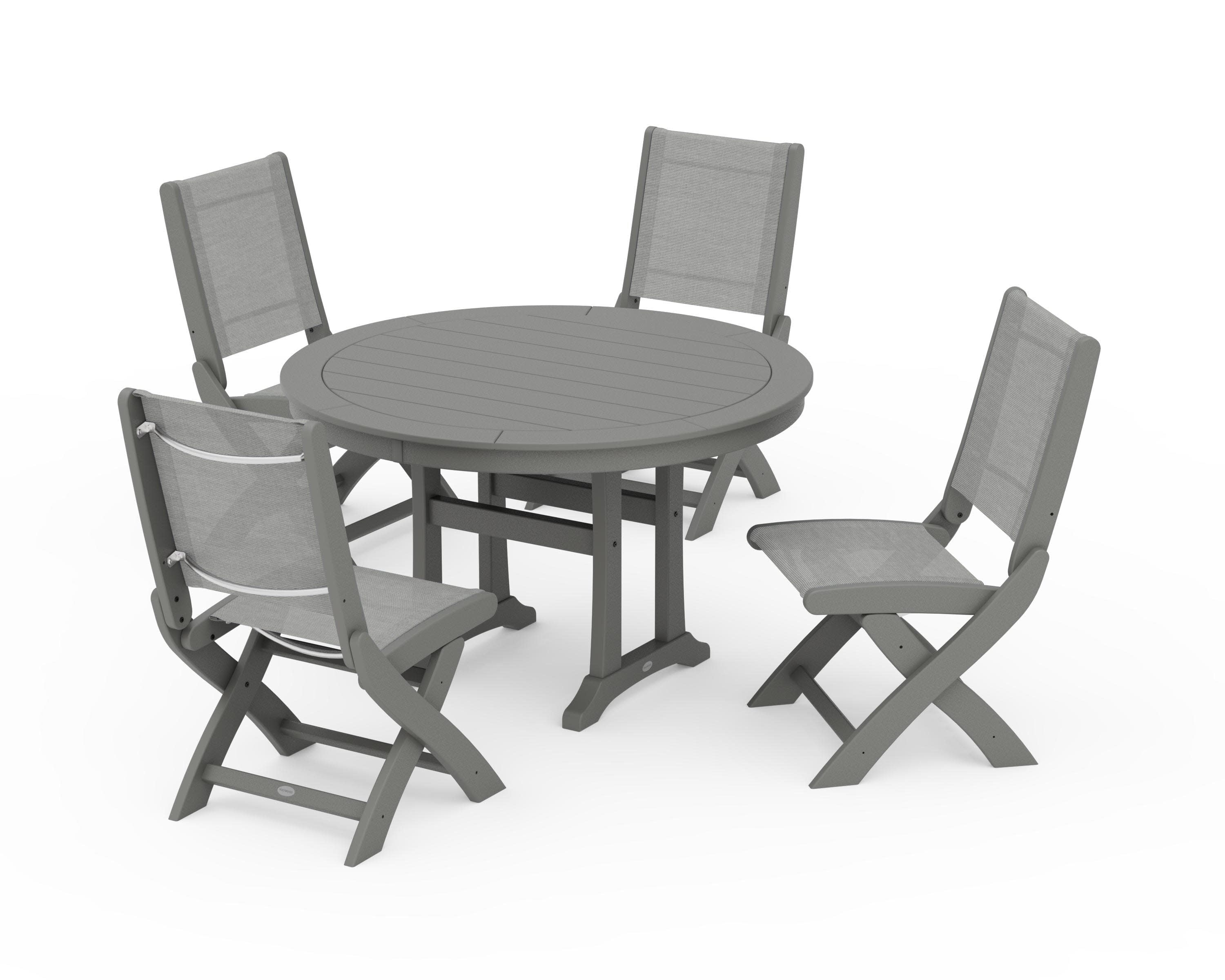 Coastal Folding Side Chair 5-Piece Round Dining Set With Trestle Legs in Slate Grey / Metallic Sling