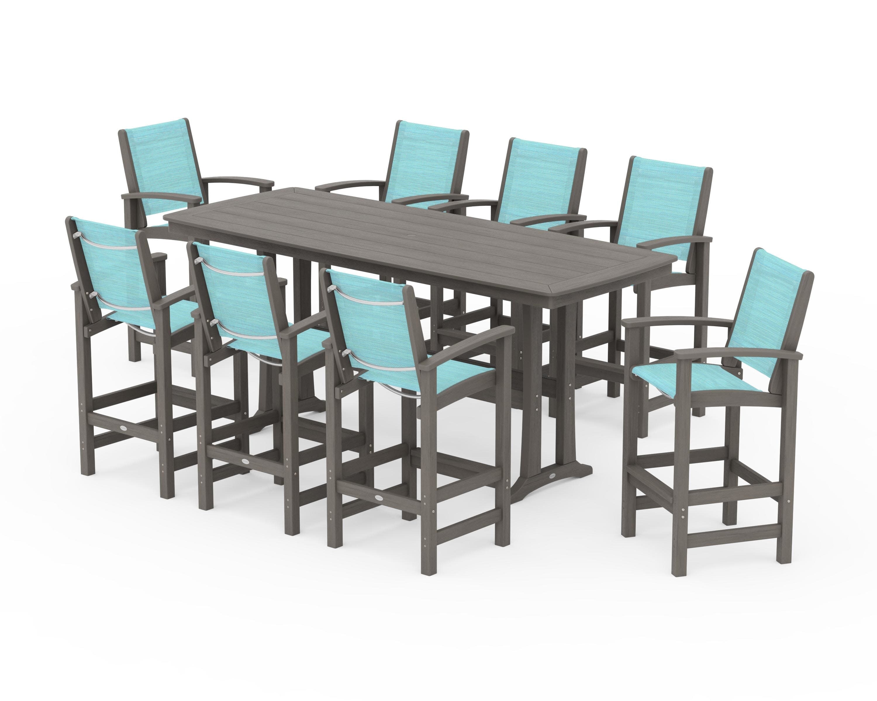 Coastal 9-Piece Bar Set with Trestle Legs in Driftwood / Dupioni Aquamarine Sling