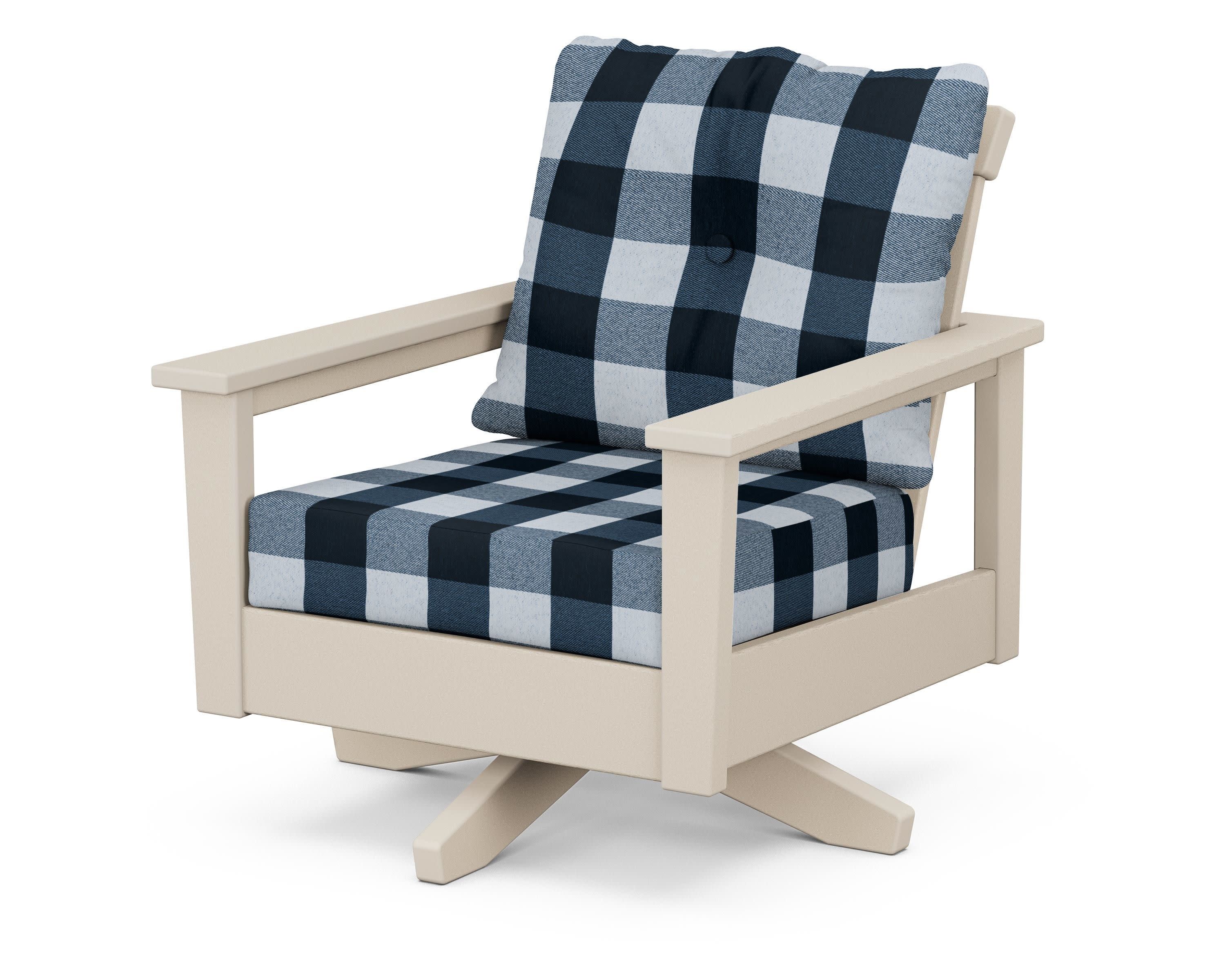 Prescott Deep Seating Swivel Chair in Sand / Buffalo Plaid Marine Indigo
