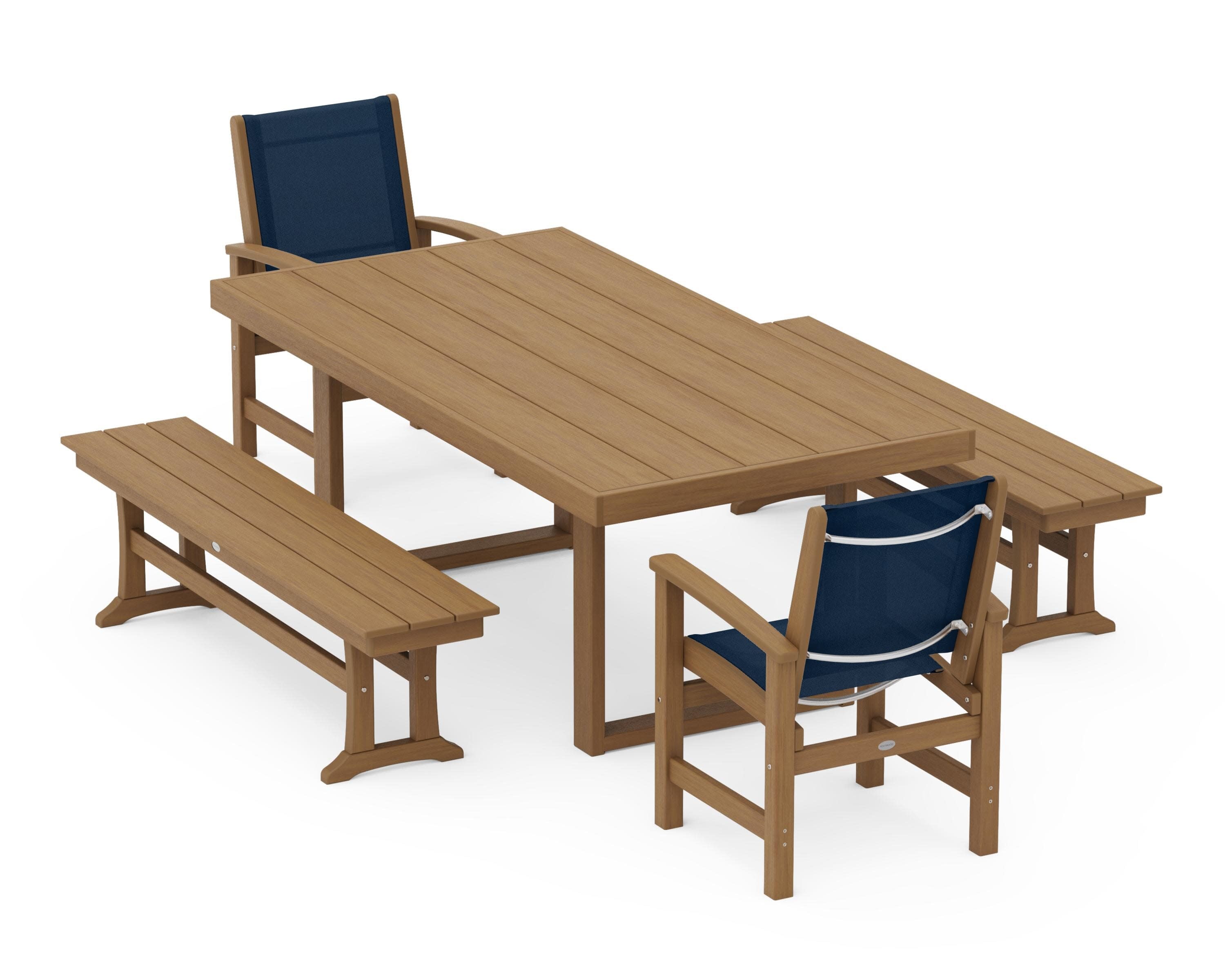 Coastal 5-Piece Dining Set with Trestle Legs in Natural / Navy Blue Sling