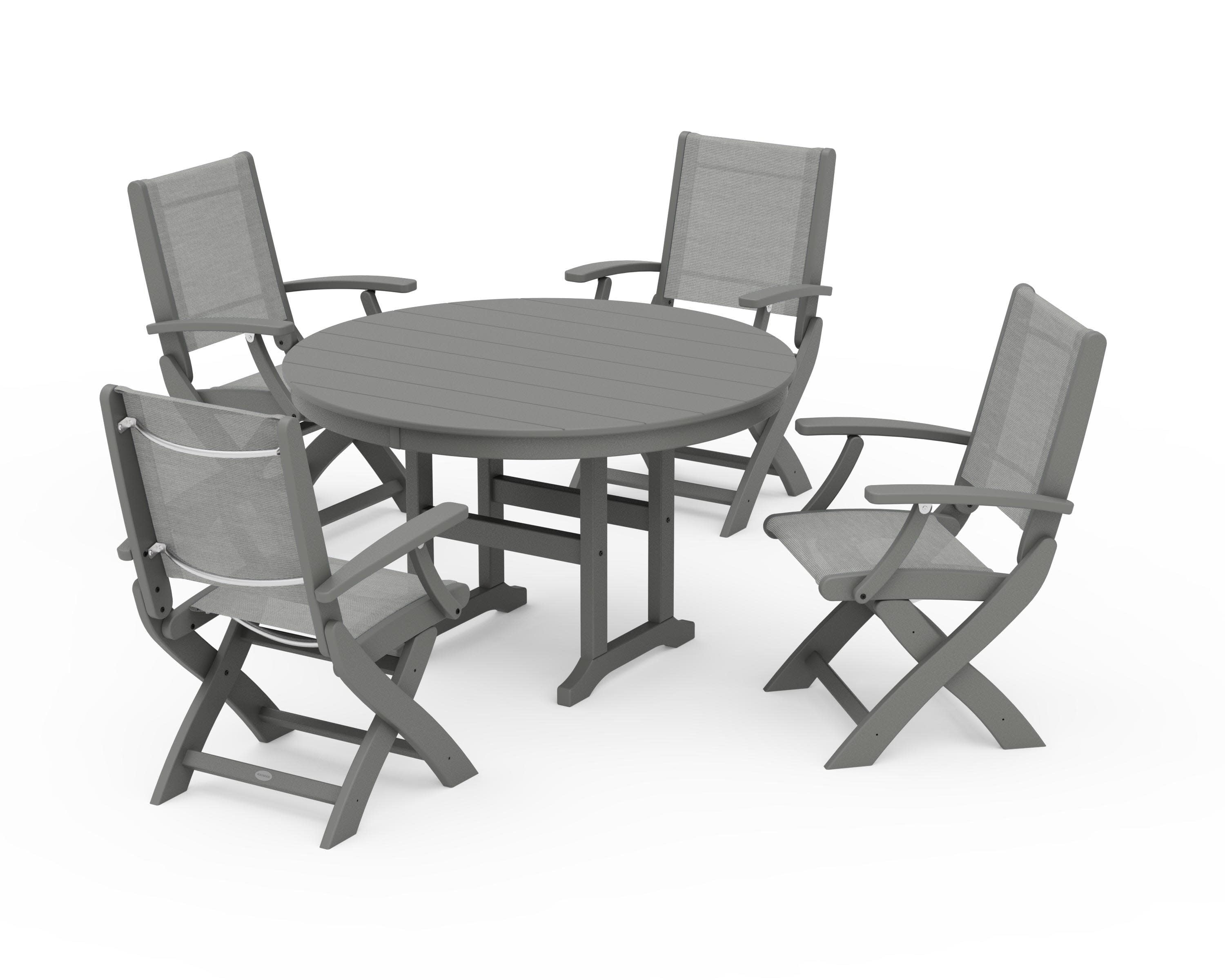 Coastal Folding Chair 5-Piece Round Dining Set in Slate Grey / Metallic Sling