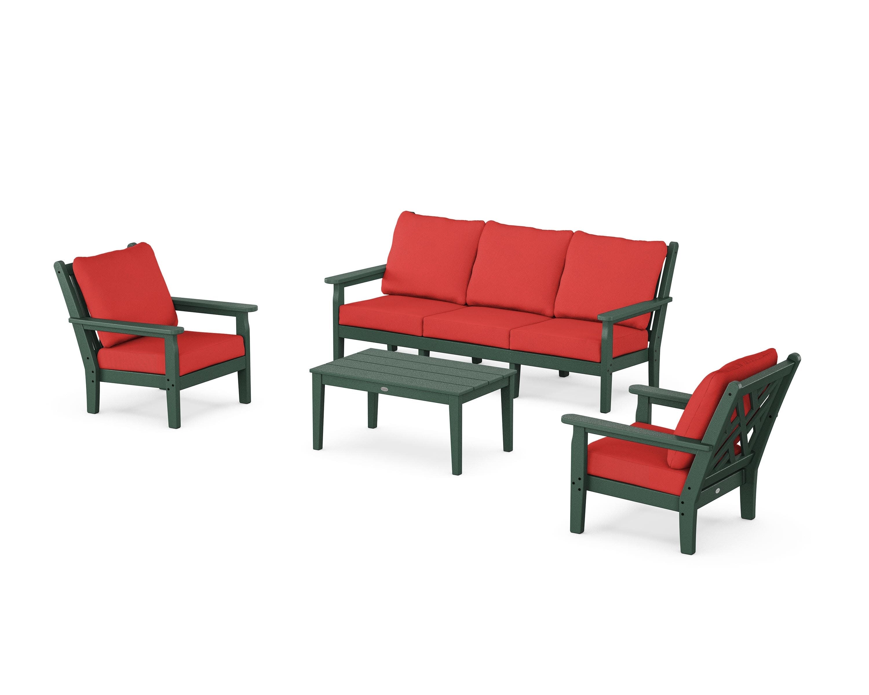 Chippendale 4-Piece Deep Seating Set with Sofa in Green / Crimson Linen