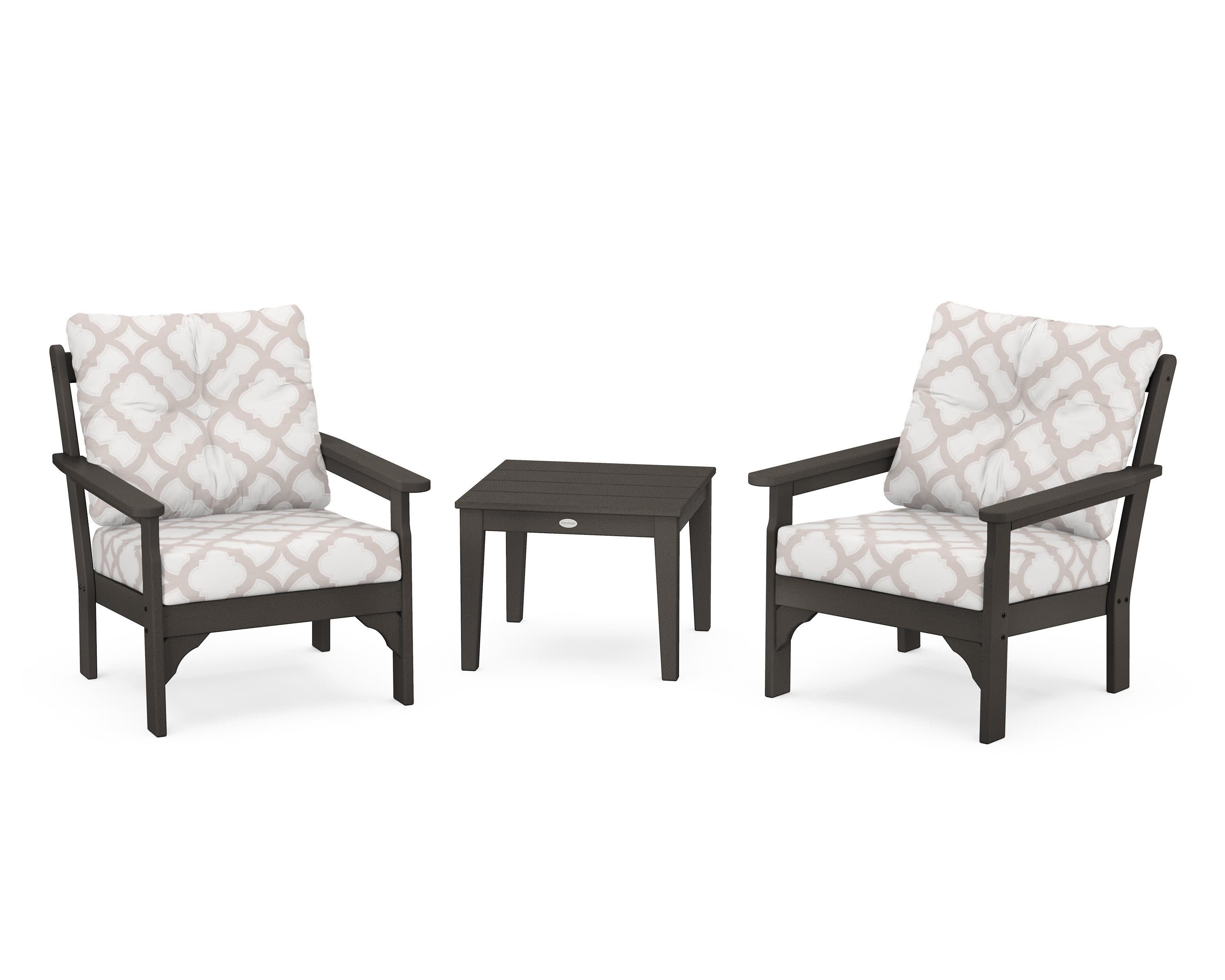 Vineyard 3-Piece Deep Seating Set in Vintage Coffee / Trellis Dune Burlap