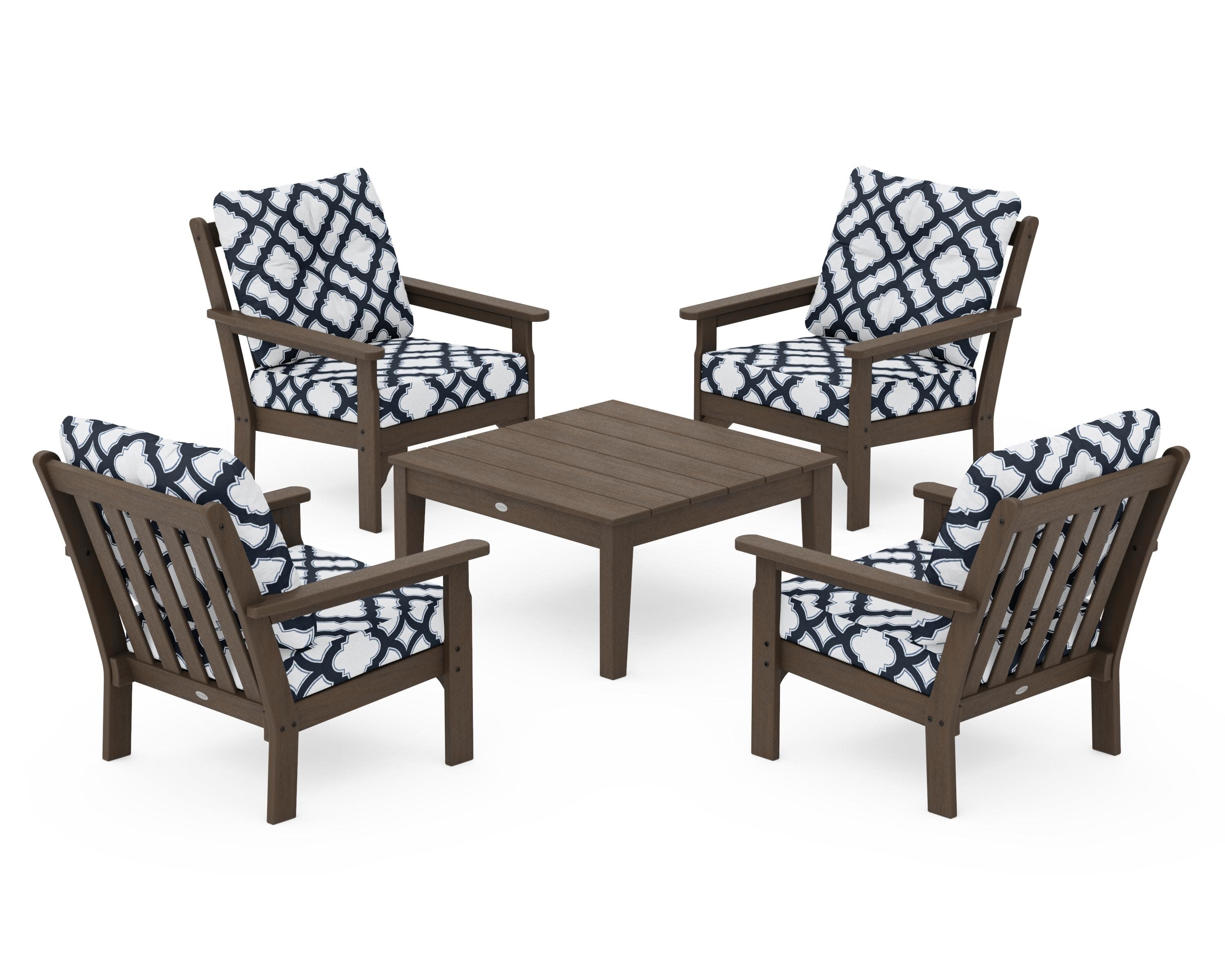 Vineyard 5-Piece Deep Seating Conversation Set in Kona / Trellis Marine Indigo