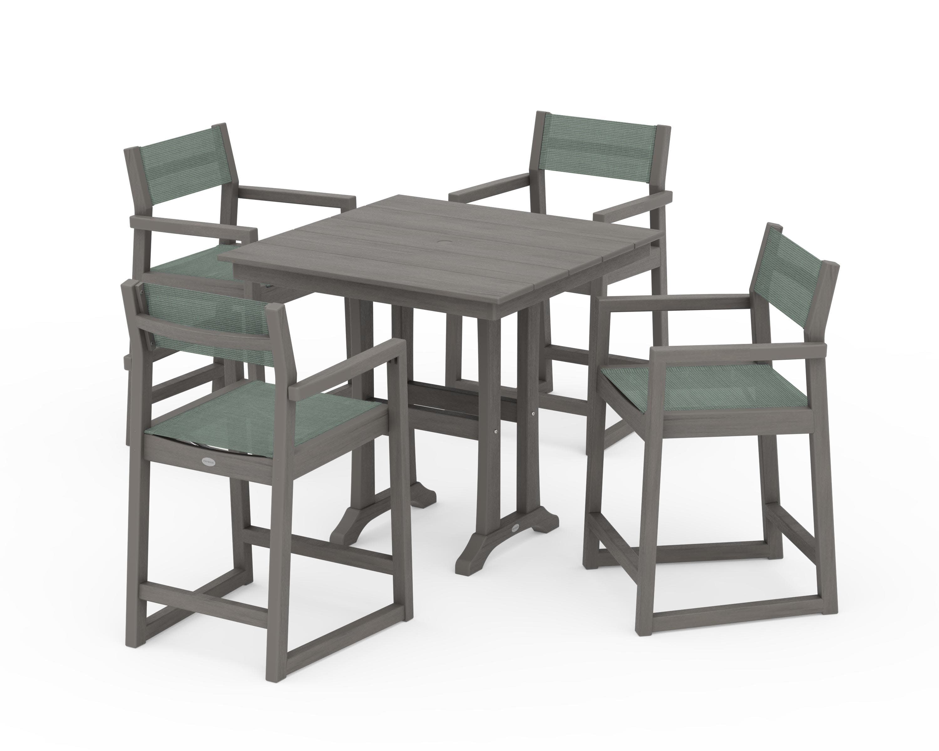 EDGE Sling Arm Chair 5-Piece Farmhouse Counter Set with Trestle Legs in Driftwood / Dupioni Sea Mist Sling