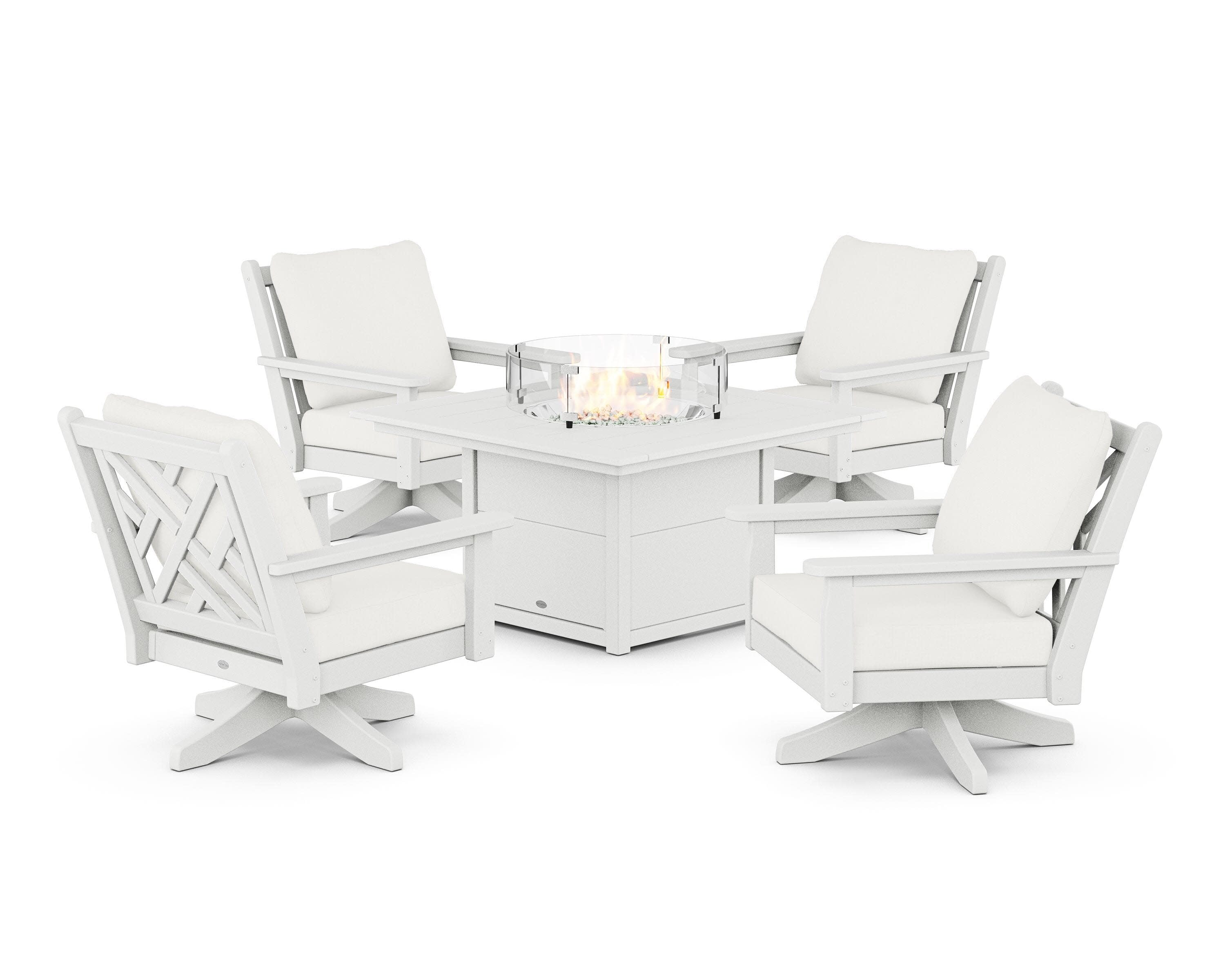 Chippendale 5-Piece Deep Seating Swivel Conversation Set with Fire Pit Table in White / Natural Linen