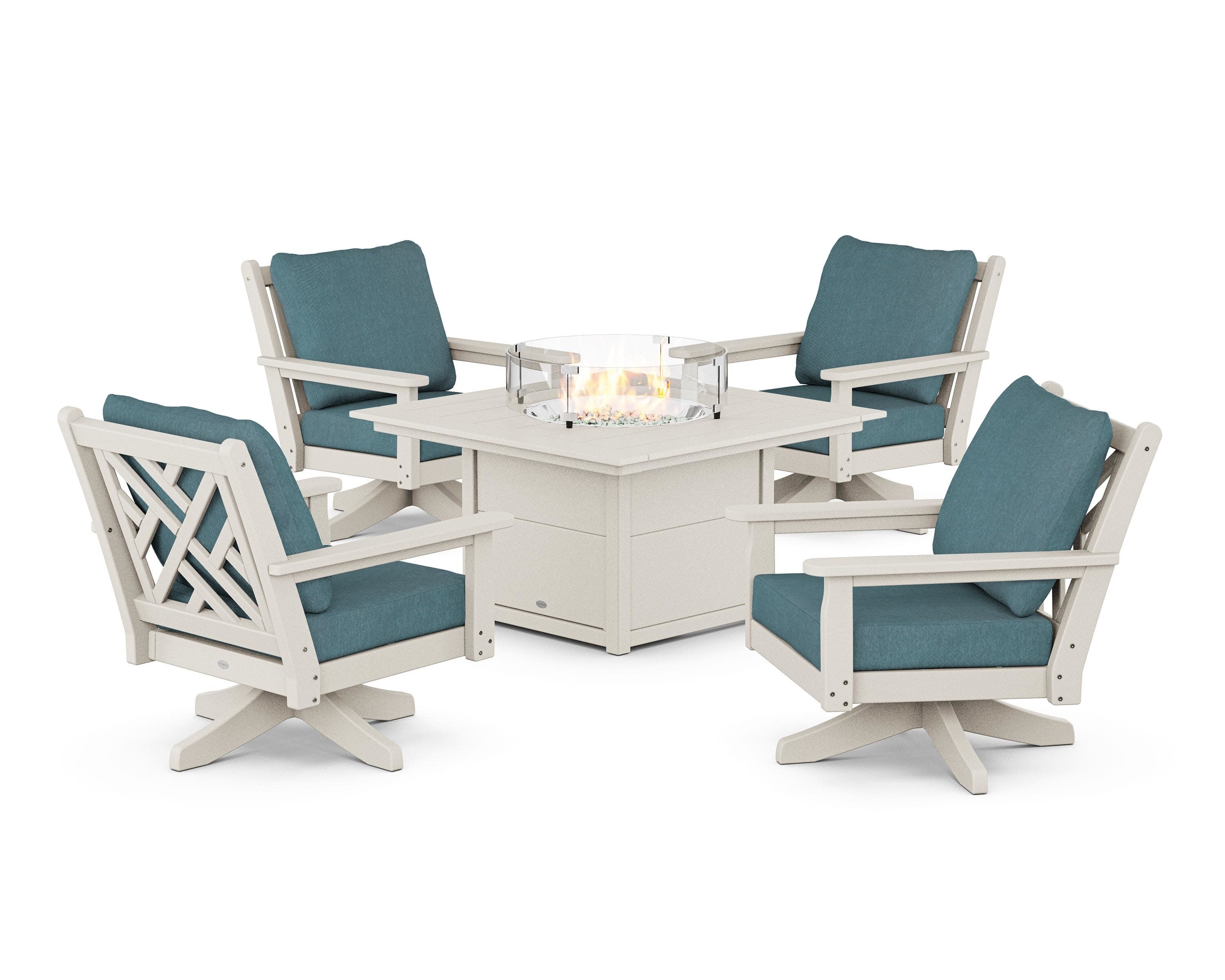Chippendale 5-Piece Deep Seating Swivel Conversation Set with Fire Pit Table in Sand / Ocean Teal